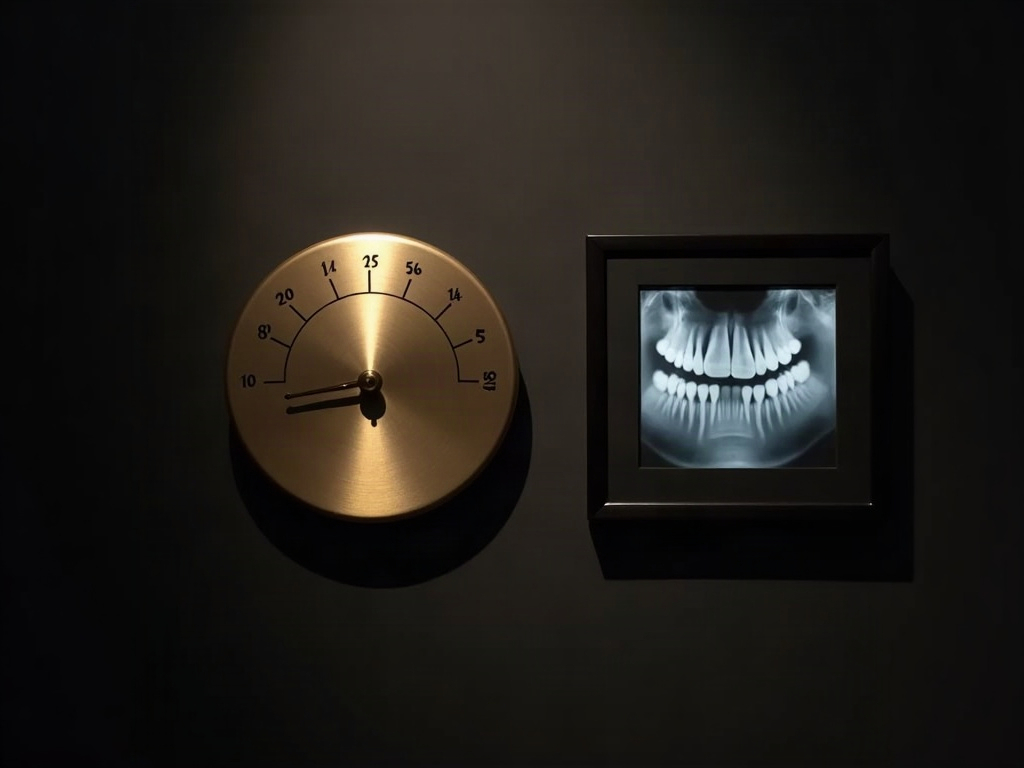 A brass gauge with its needle centred at a neutral mark, mounted beside a framed dental radiograph