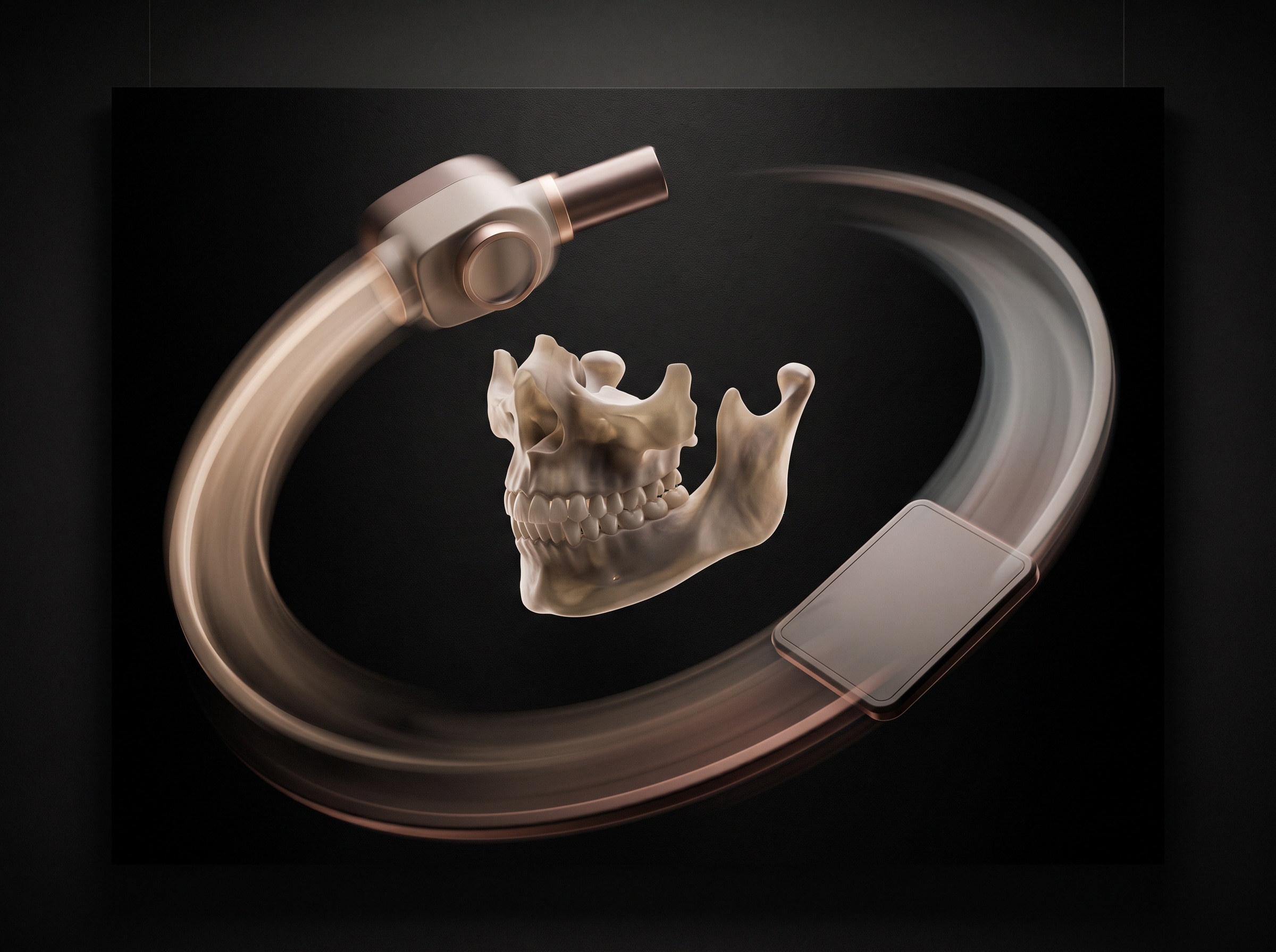 An X-ray tube and a receptor on opposite sides sweeping in an arc around a central jaw, shown with motion-blur trails