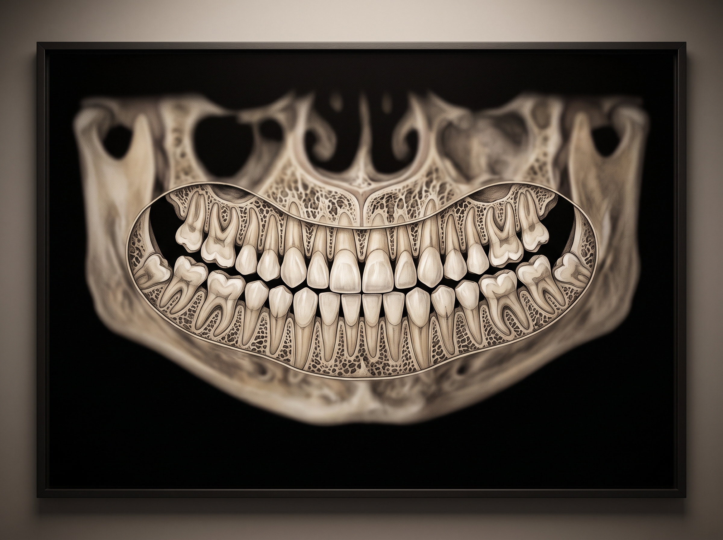 A cross-section of a dental arch with a thin sharp curved band of teeth and blurred structures in front of and behind it