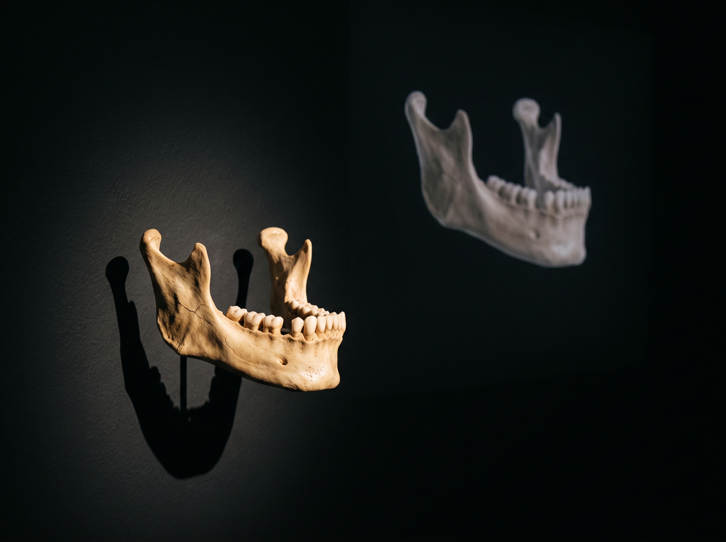 A sharp jaw shadow with a faint duplicated ghostly copy appearing higher and on the opposite side, illustrating a ghost image