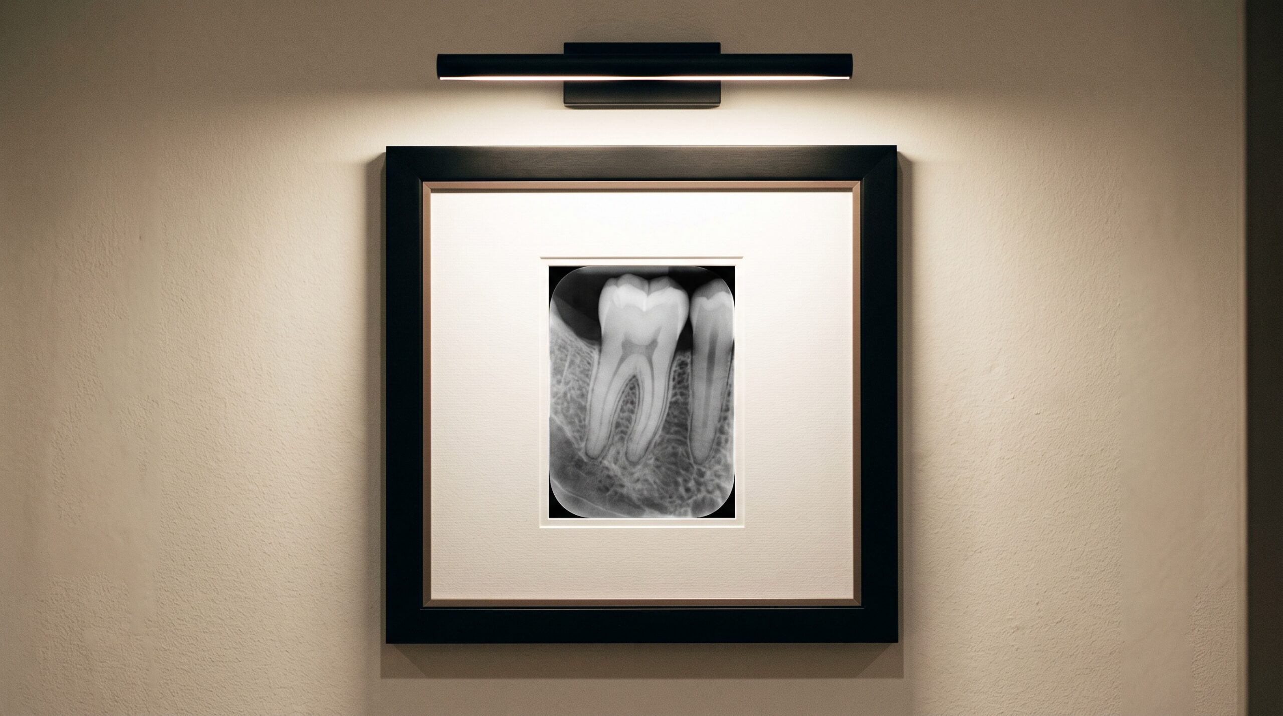 A dimensionally faithful dental periapical radiograph presented as framed fine art on a gallery wall