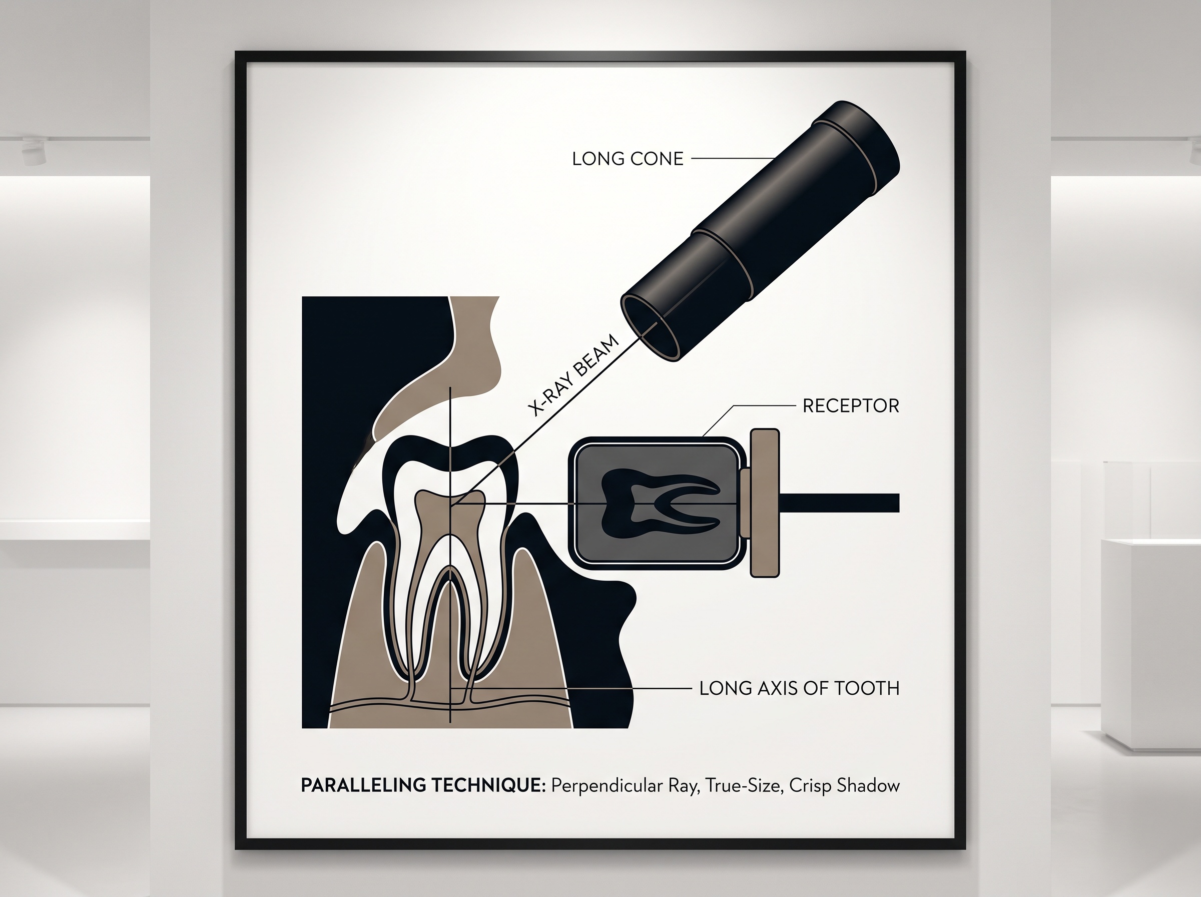 Diagram of the paralleling long-cone technique: receptor parallel to the tooth, long cone, right-angle beam