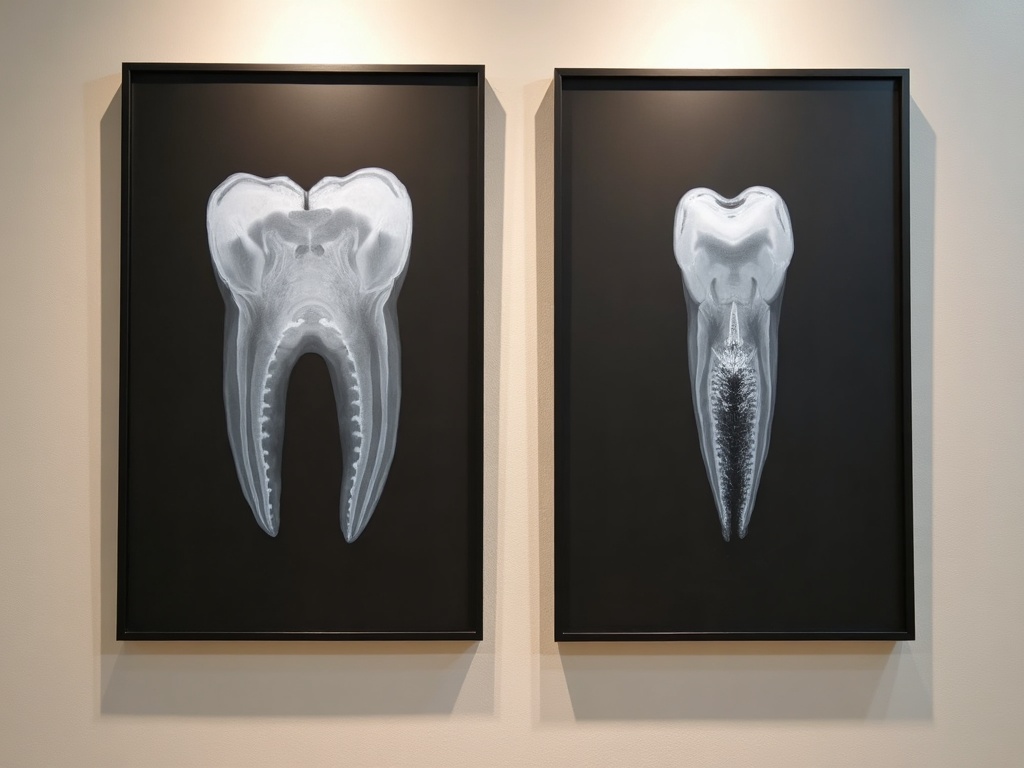 Two framed radiographs compared: one true-length, one foreshortened, shown as gallery art
