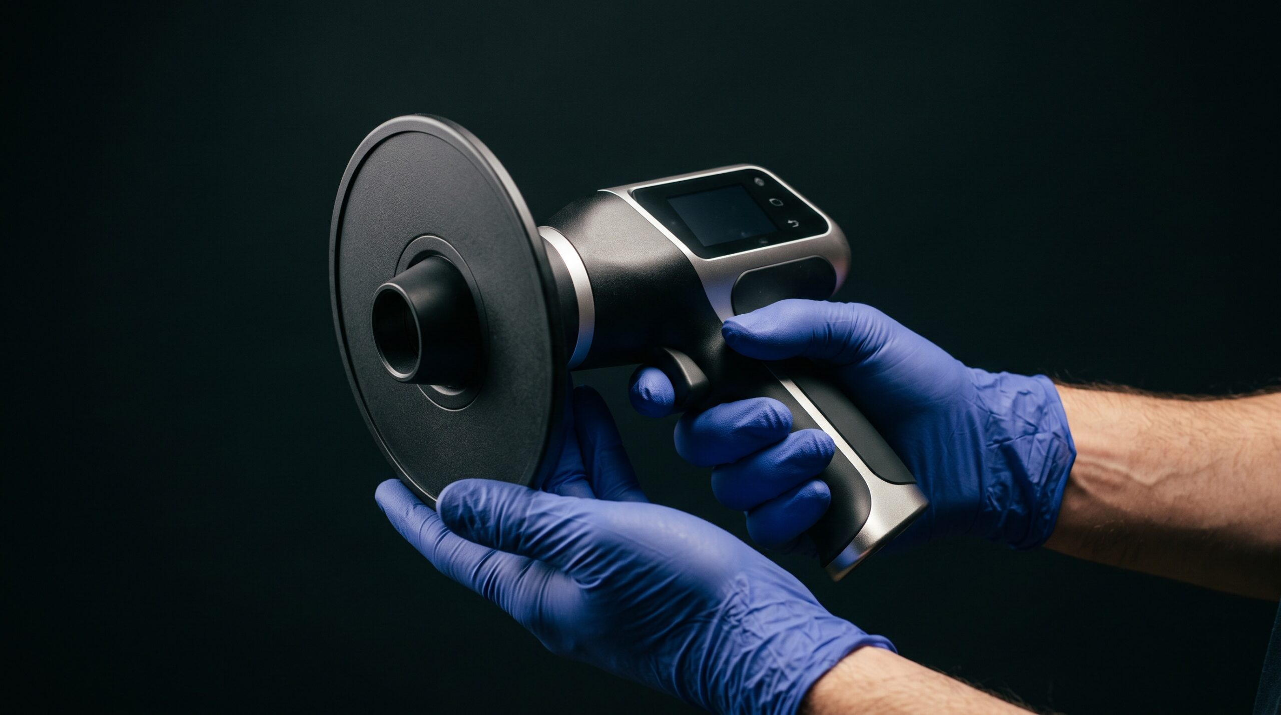 A handheld intraoral X-ray unit with a round backscatter shield, cradled in gloved hands under gallery lighting