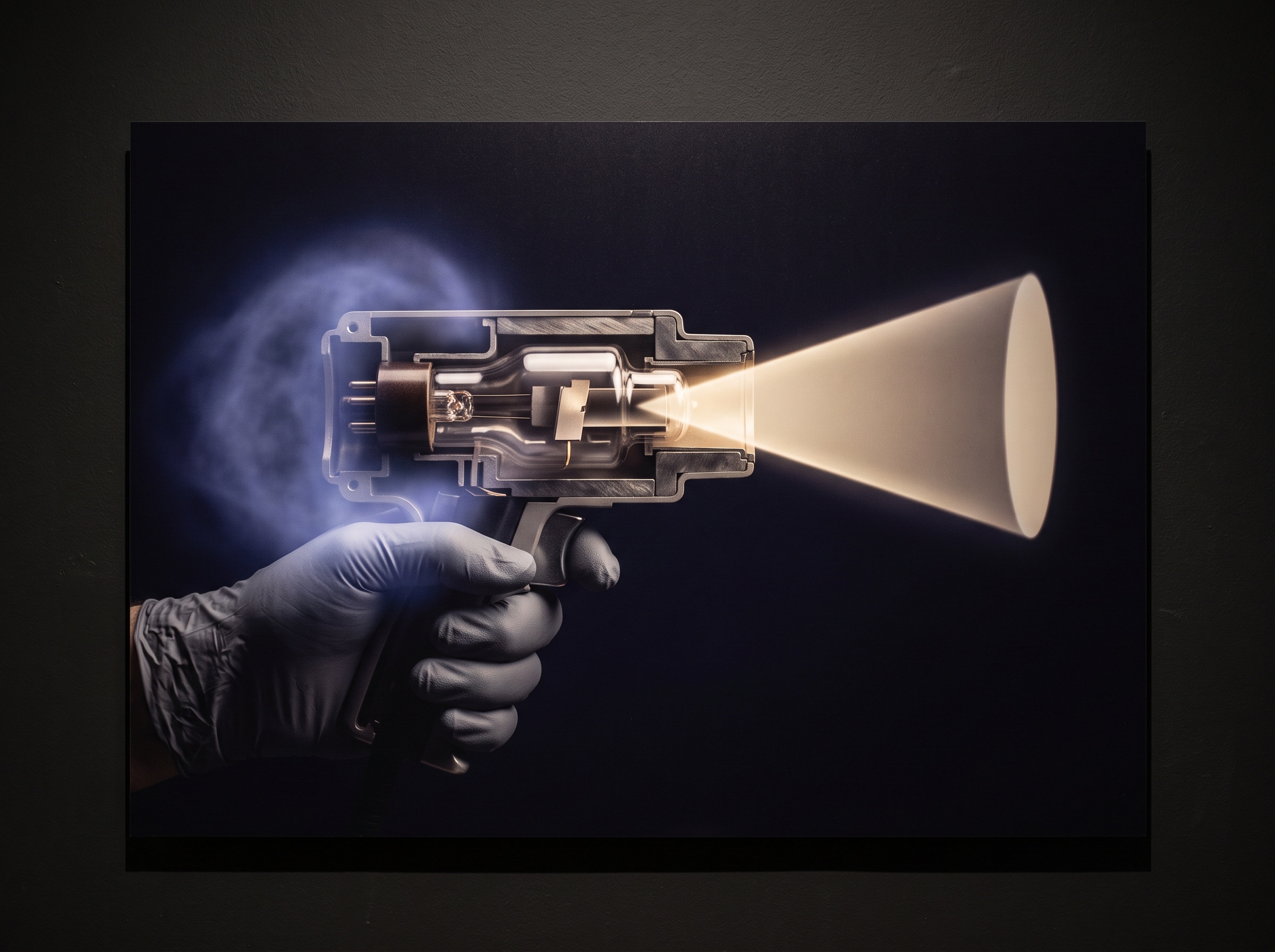 A conceptual rendering of the primary X-ray beam and a halo of backscatter blooming back toward the operator's hand