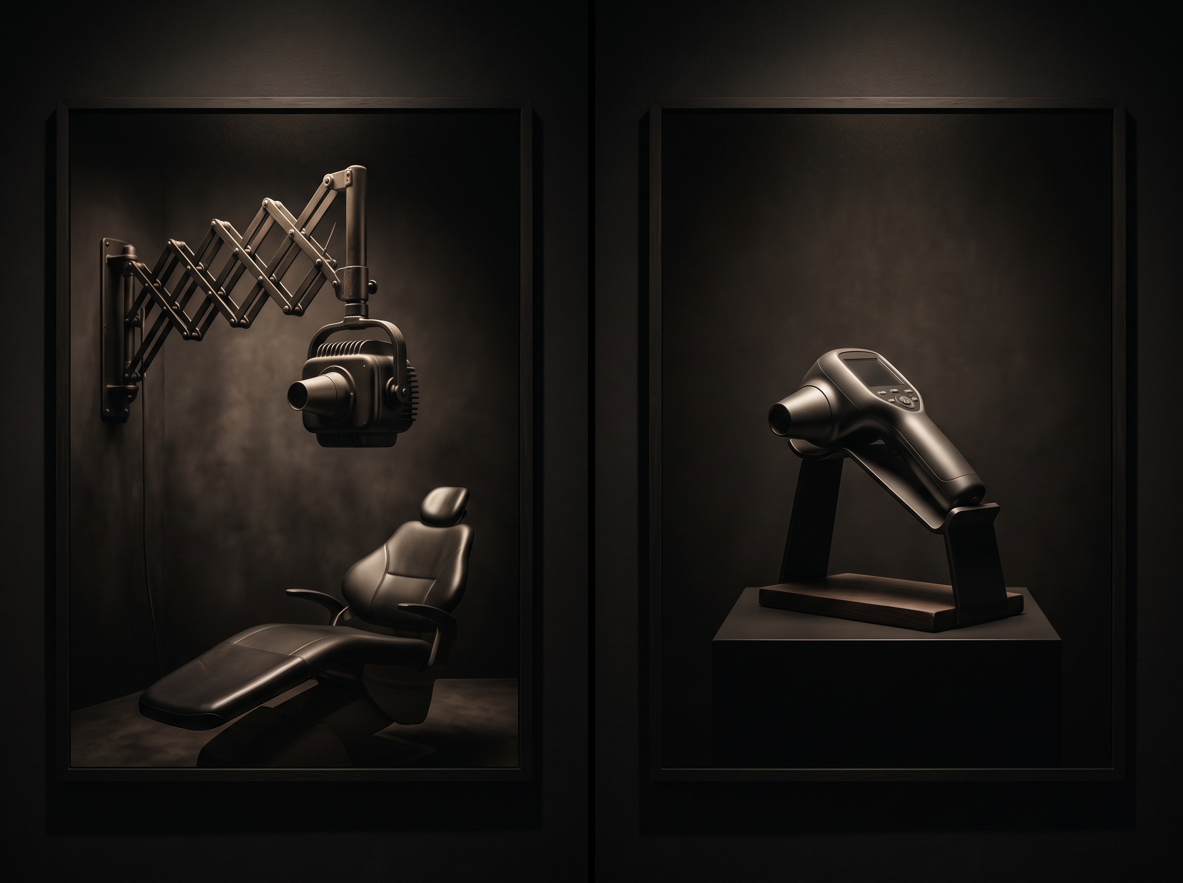 A diptych comparing a wall-mounted X-ray tube on a scissor arm with a compact handheld unit on a stand