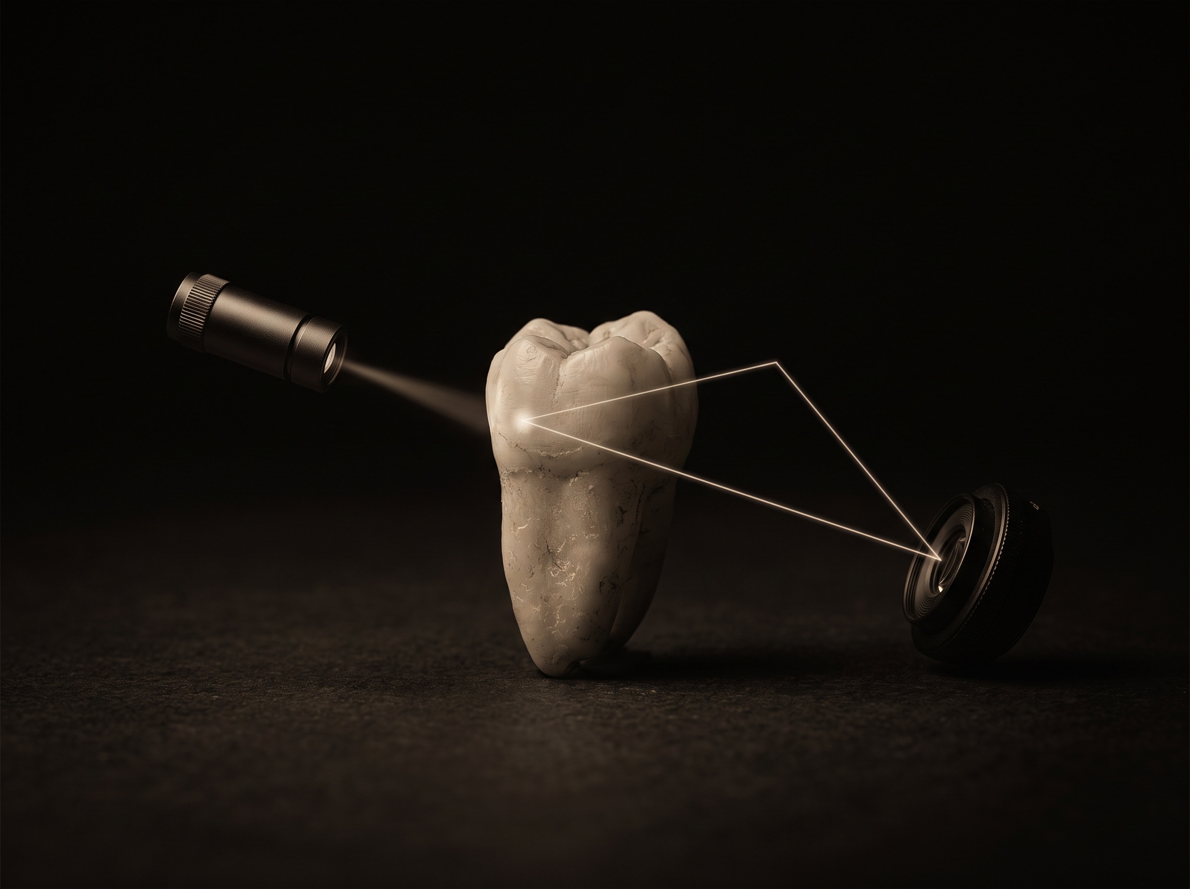 A projector and an angled camera both aimed at a tooth, a bright triangle linking them to a single surface point