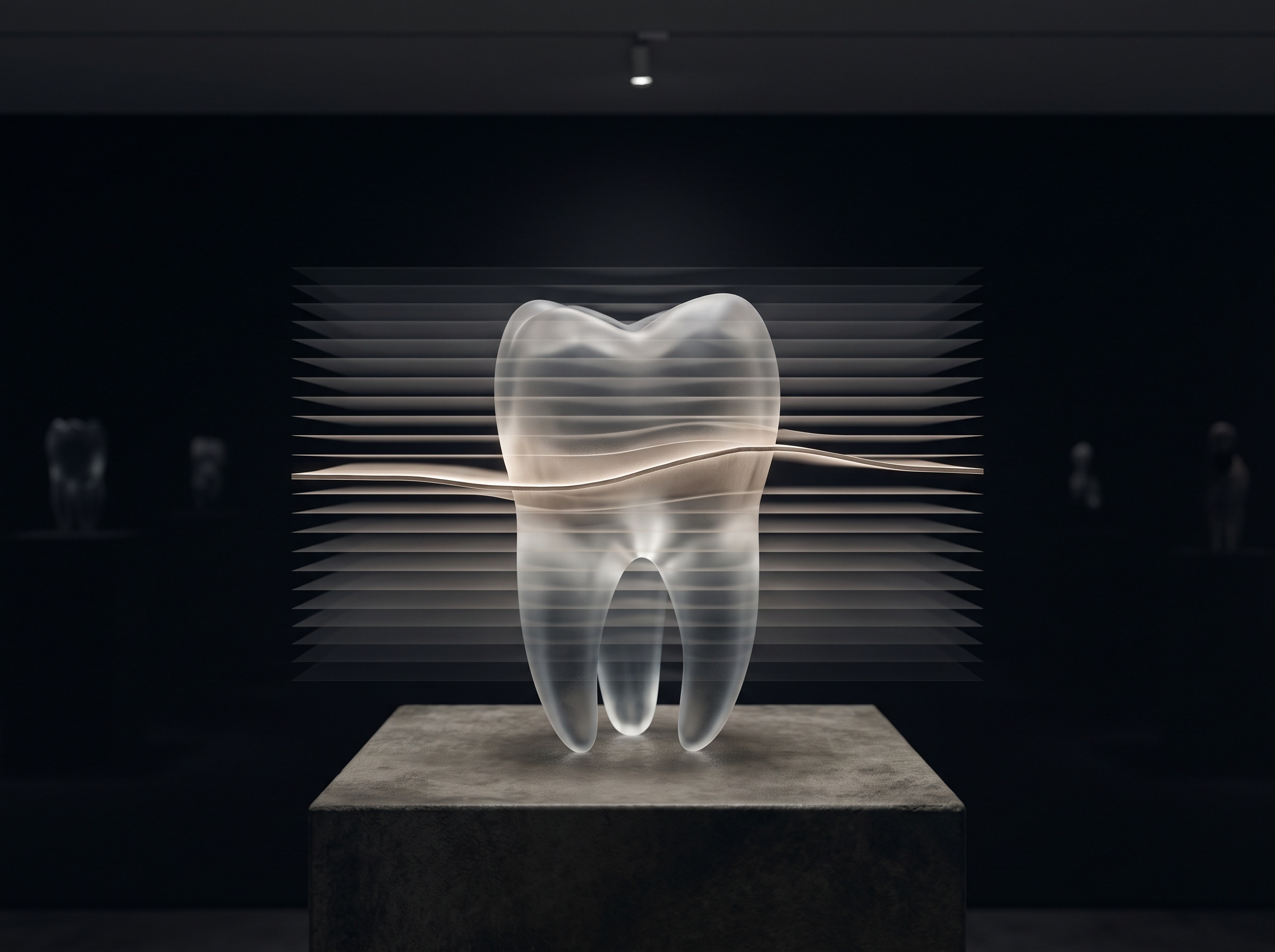 Faint parallel focal planes passing through a translucent tooth, with only the plane meeting the surface glowing sharply