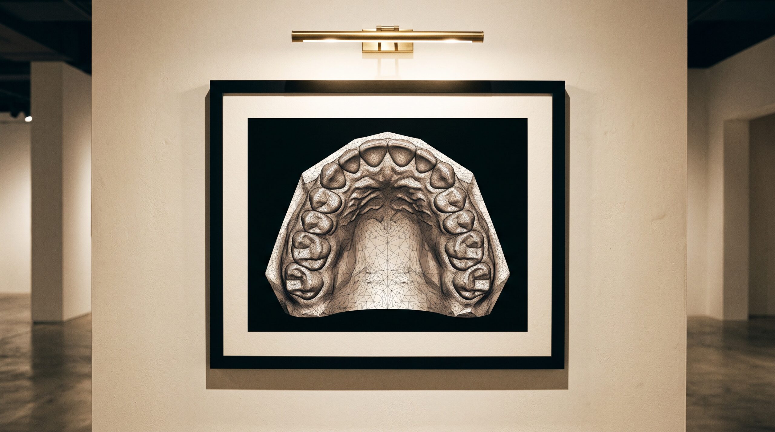 A digital 3D mesh of a dental arch presented as framed sculpture on a gallery wall