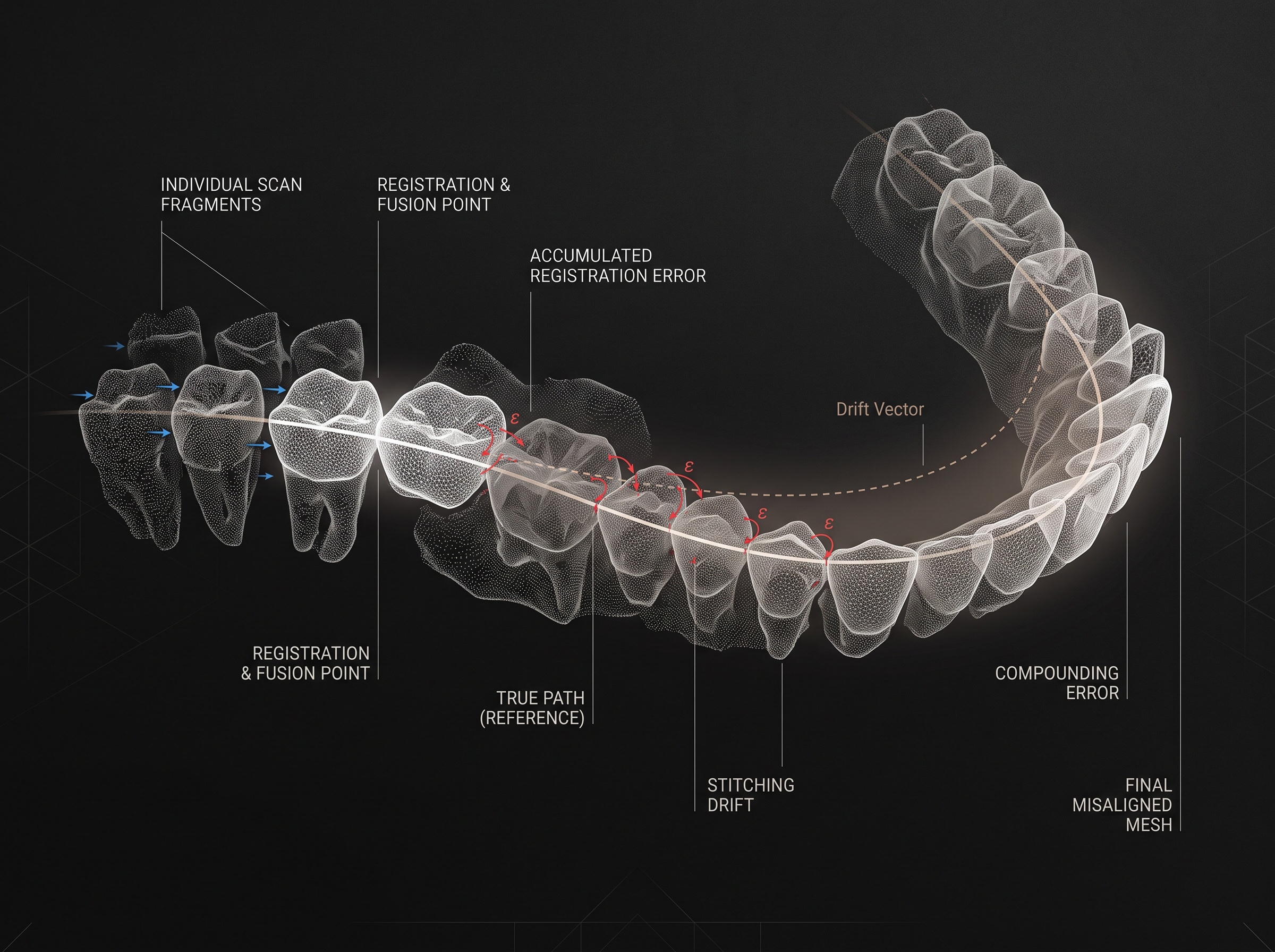 Overlapping scan fragments stitched into one arch, with accumulated drift at the far end
