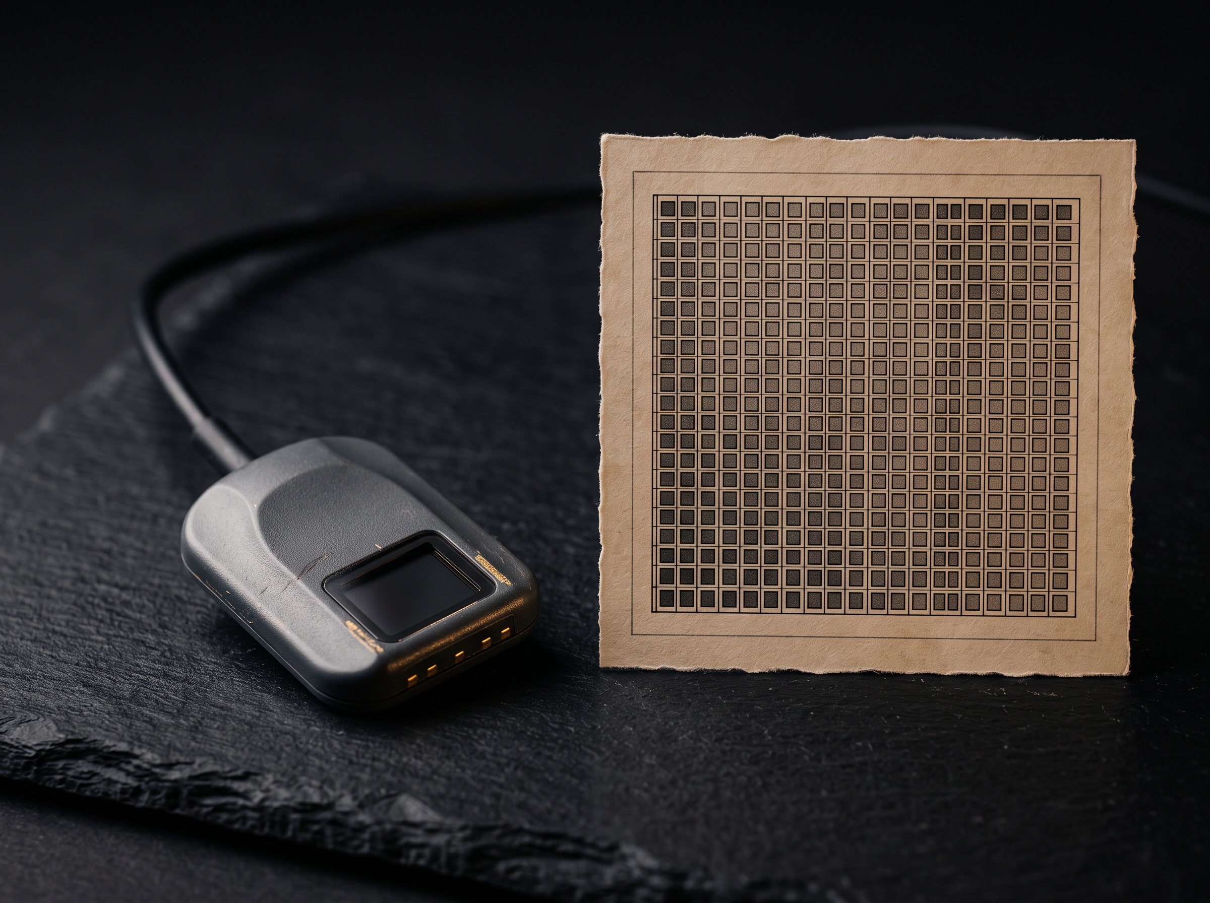 Close-up of an intraoral sensor beside a magnified illustration of its square pixel grid