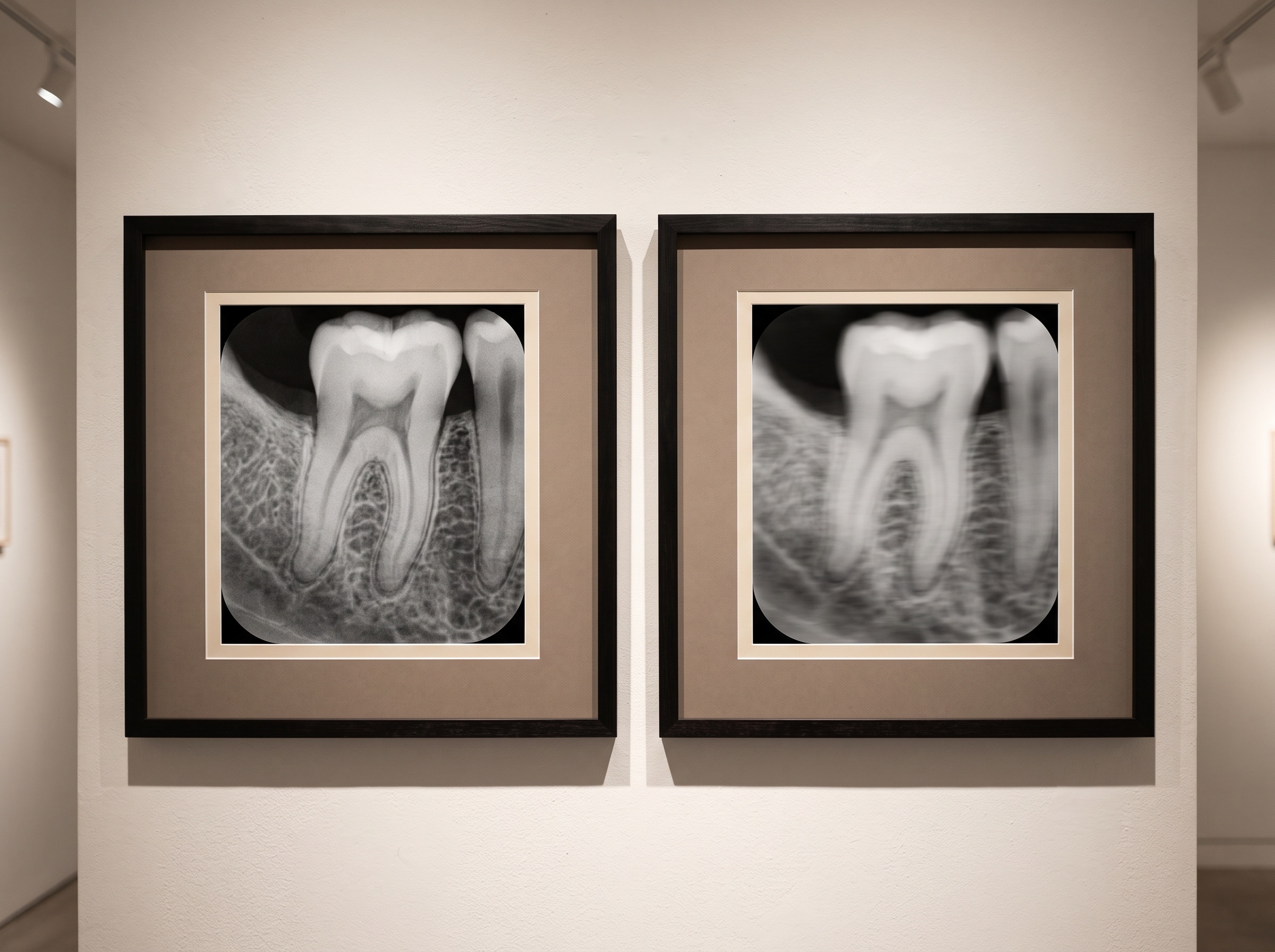 Two framed radiographs of the same molar, one sharp and one softened by unsharpness