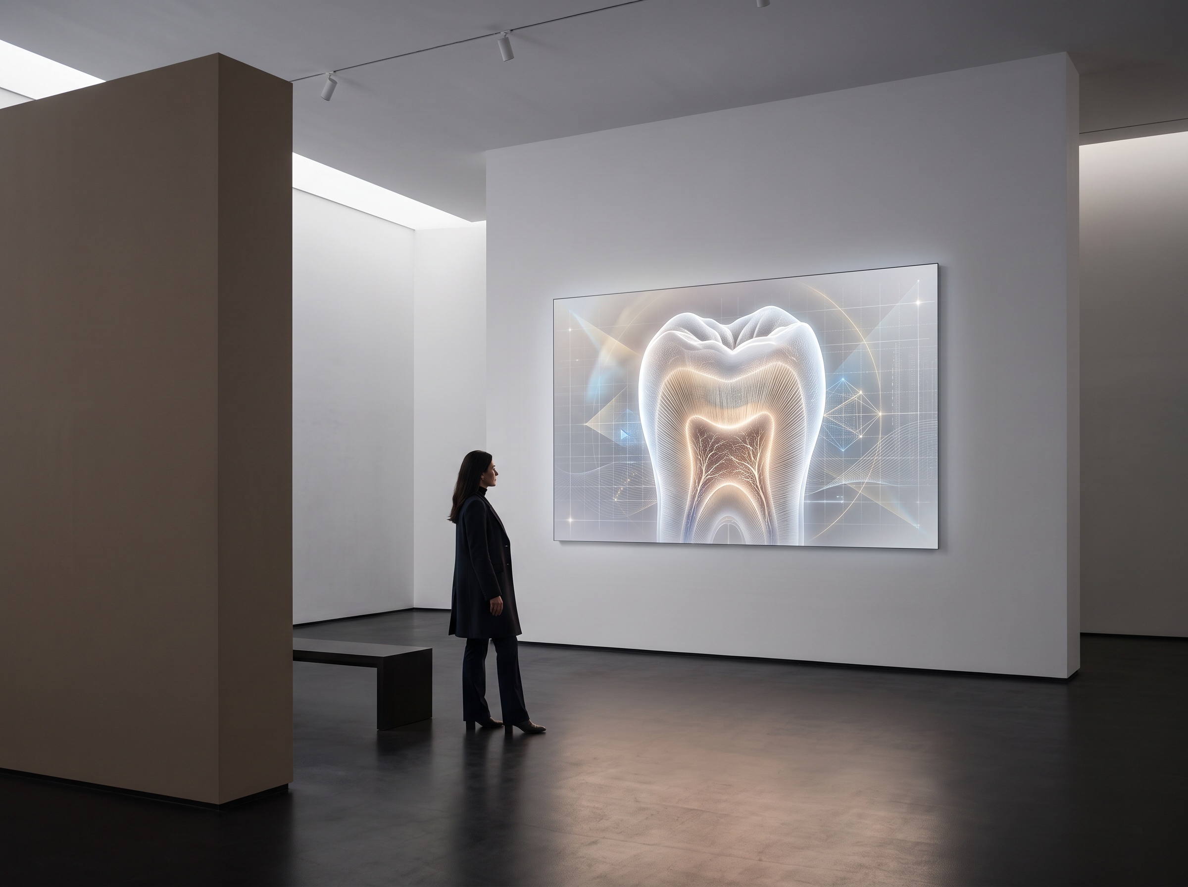 A luminous ultra-high-resolution dental image on a frameless panel suggesting future imaging technology