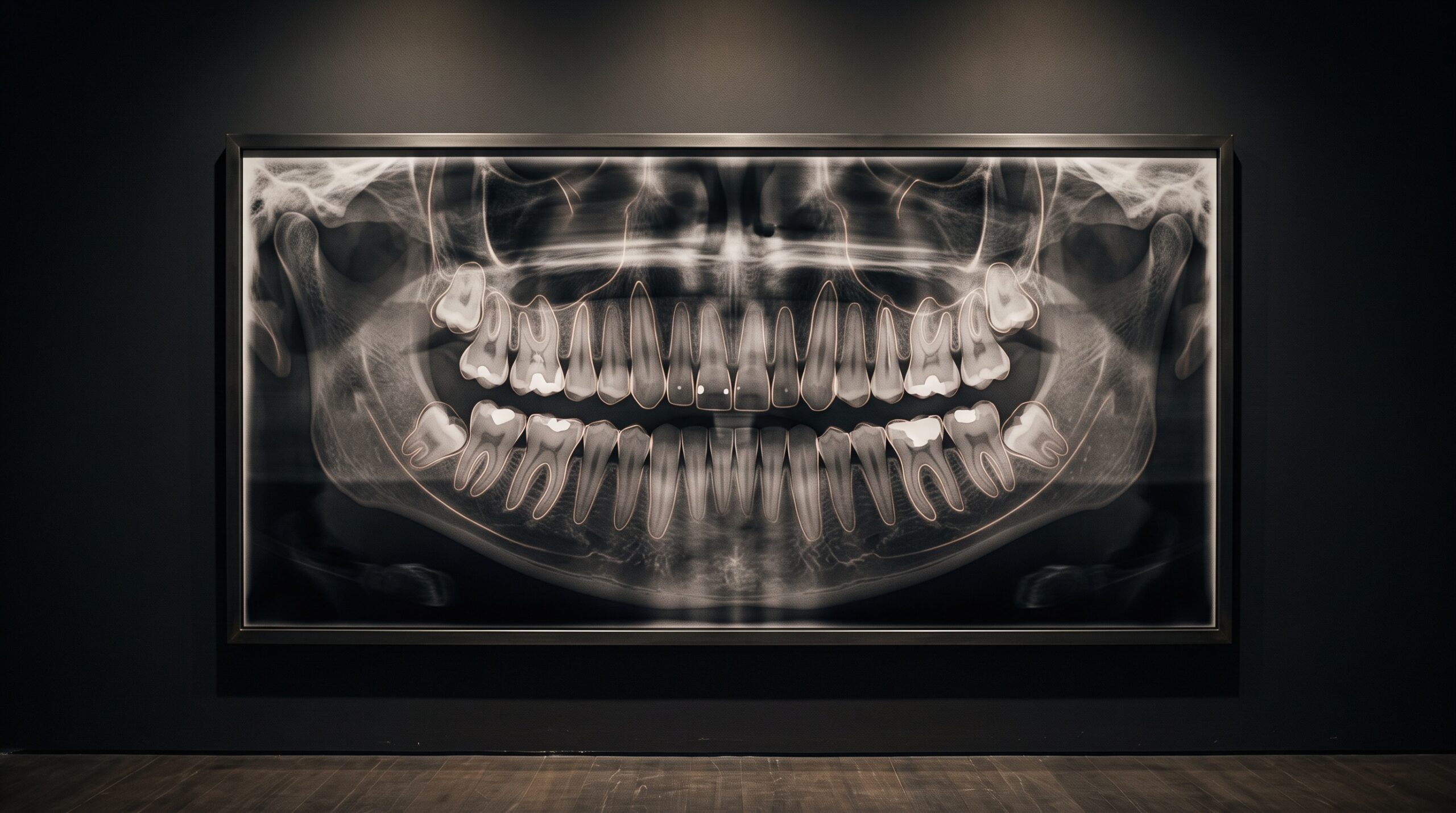 A full dental panoramic radiograph hung as a framed gallery portrait, with faint glowing outlines tracing each tooth as if being read by light