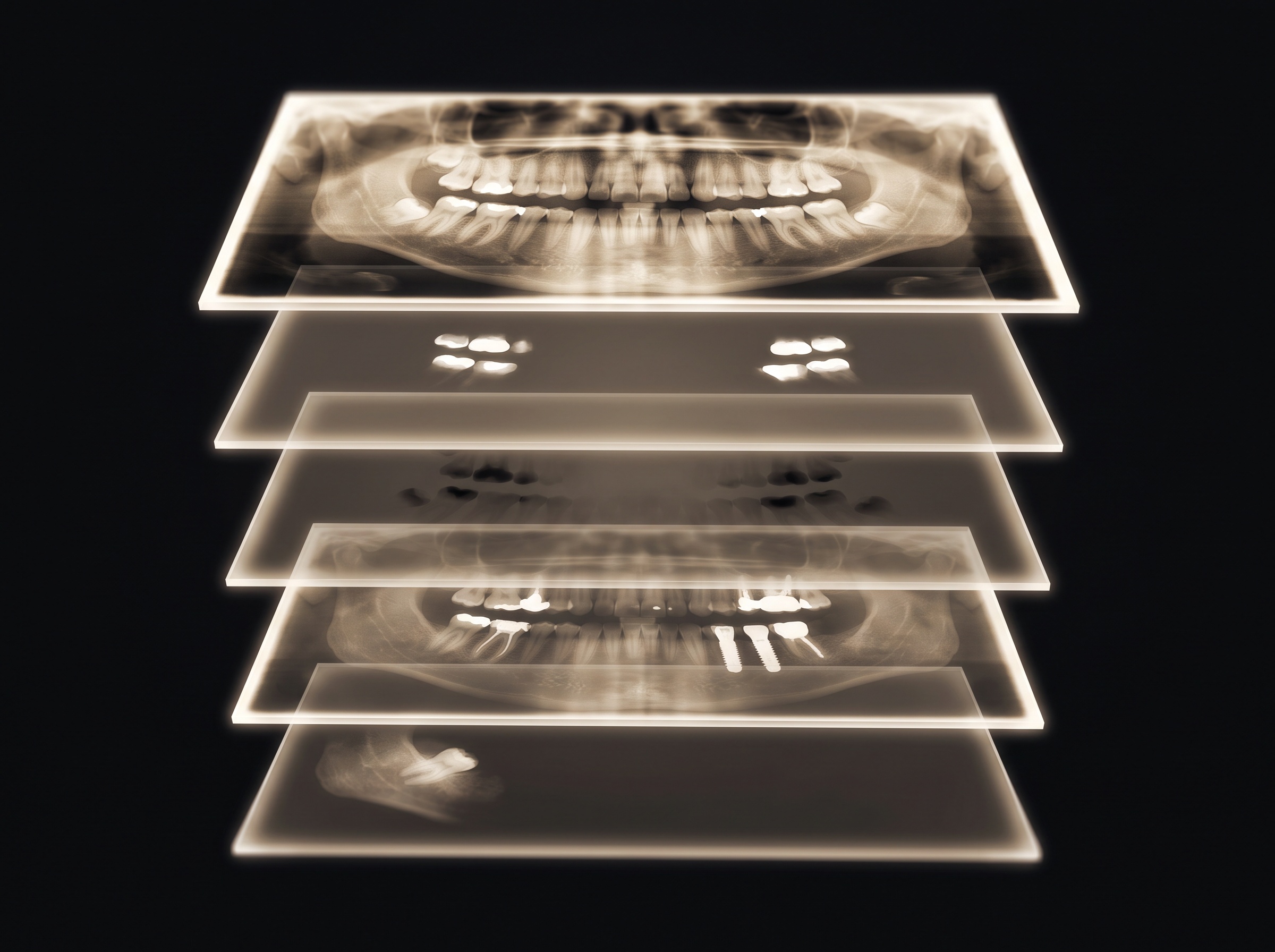A panoramic radiograph exploded into several translucent glowing layers, each isolating a different class of finding - fillings, cavities, implants, an impacted tooth