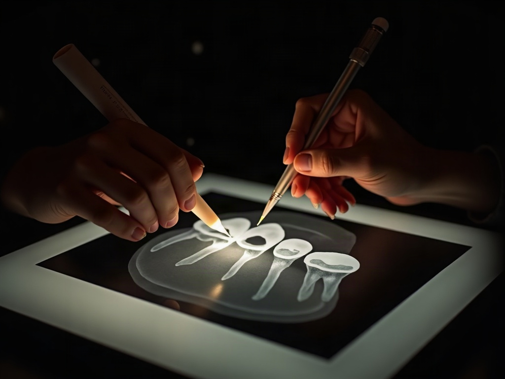Hands tracing precise glowing outlines around teeth on a radiograph on a light table - the craft of pixel-level annotation