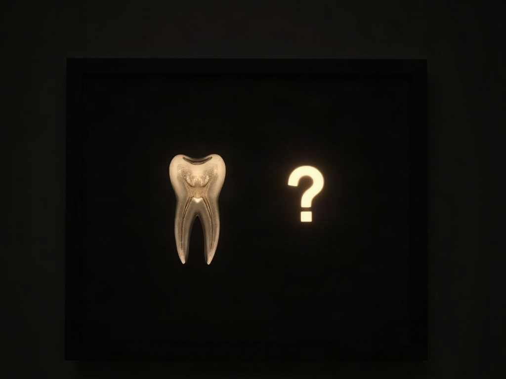 A framed tooth radiograph showing a shadowy band that mimics decay, with a faint glowing question mark beside it suggesting a possible false reading