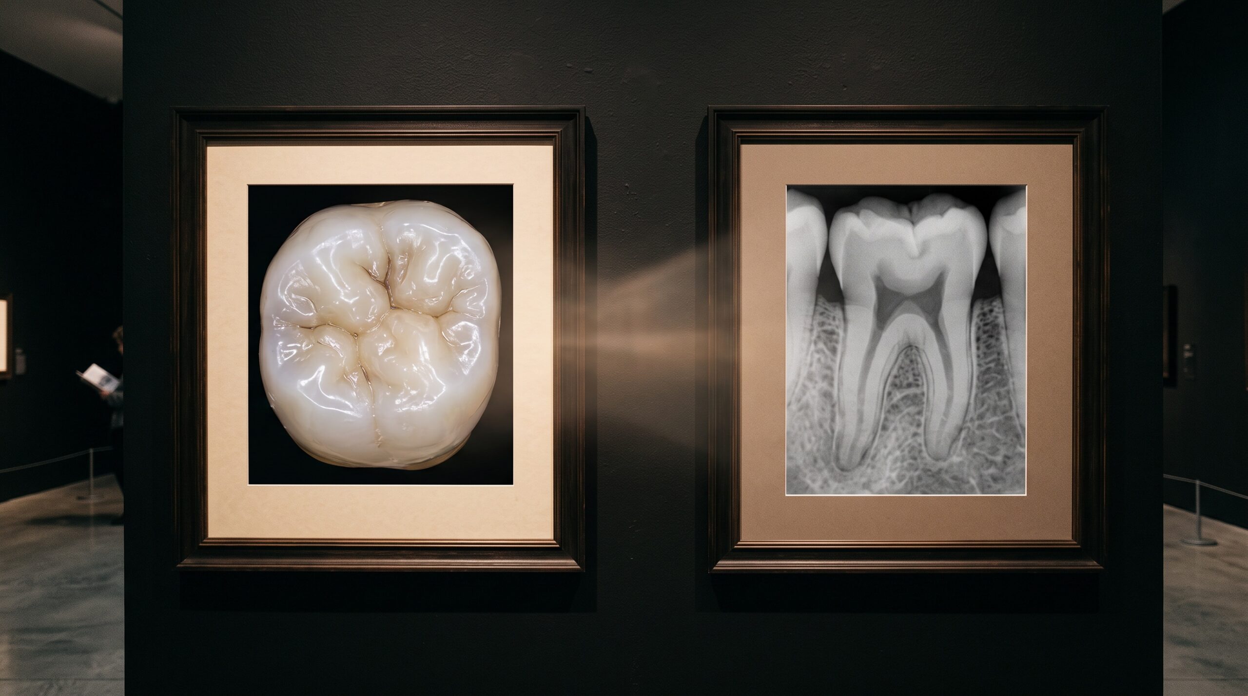 Two framed images of the same molar side by side - a color surface scan and a grey radiograph - with light suggesting they are merging