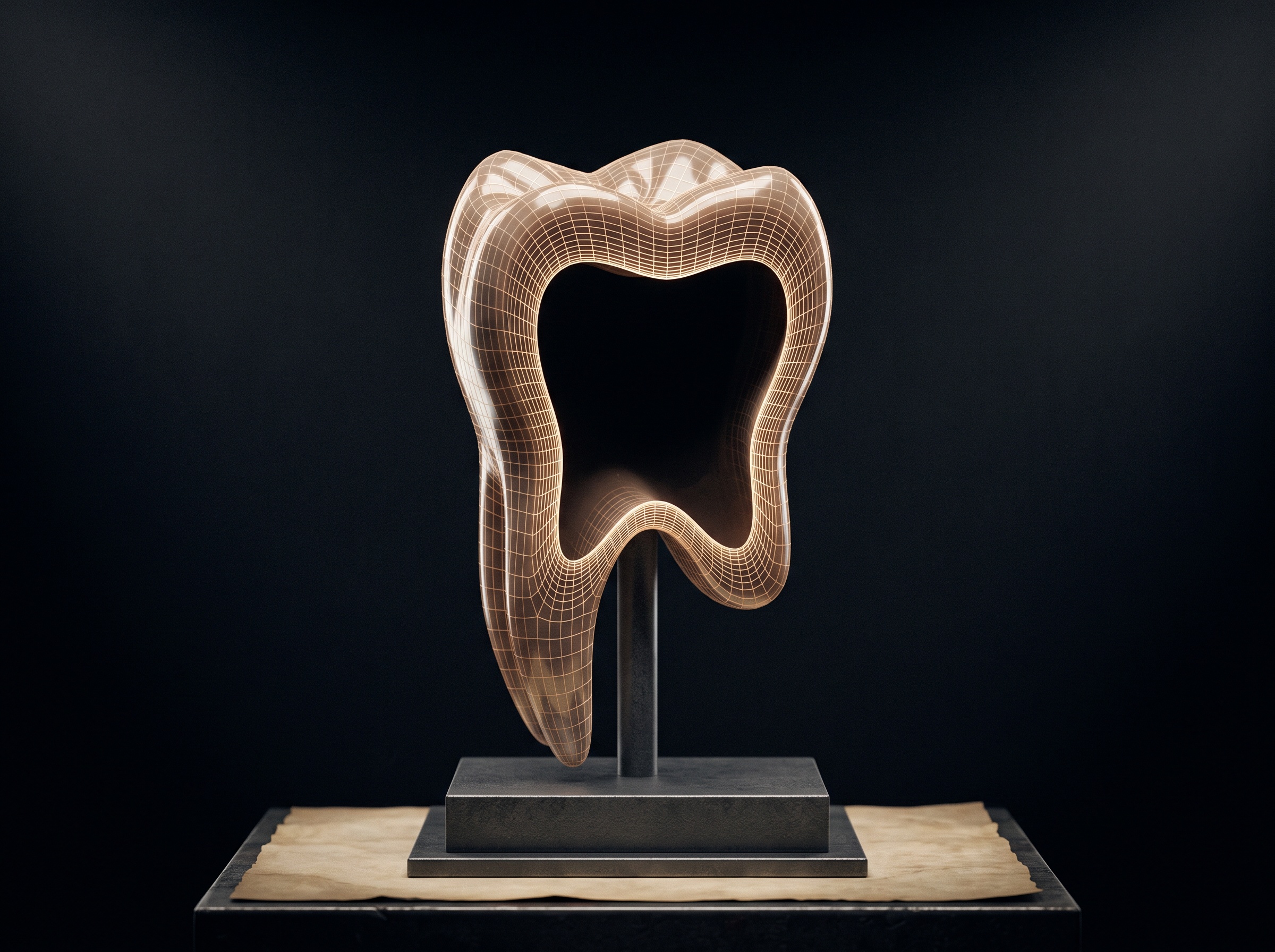 A glossy 3D optical mesh of a tooth crown, flawless on the surface but hollow inside like an empty shell