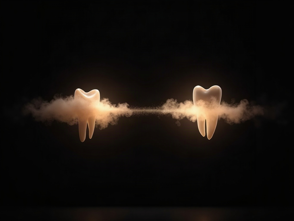 Two translucent point clouds of the same tooth drifting into alignment, faint threads pairing matching points