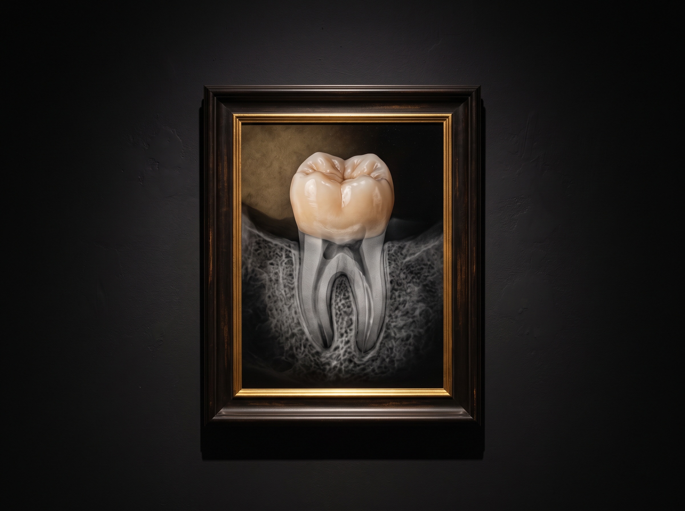 A single framed composite image where a color tooth crown blends into a grey radiographic root and bone below