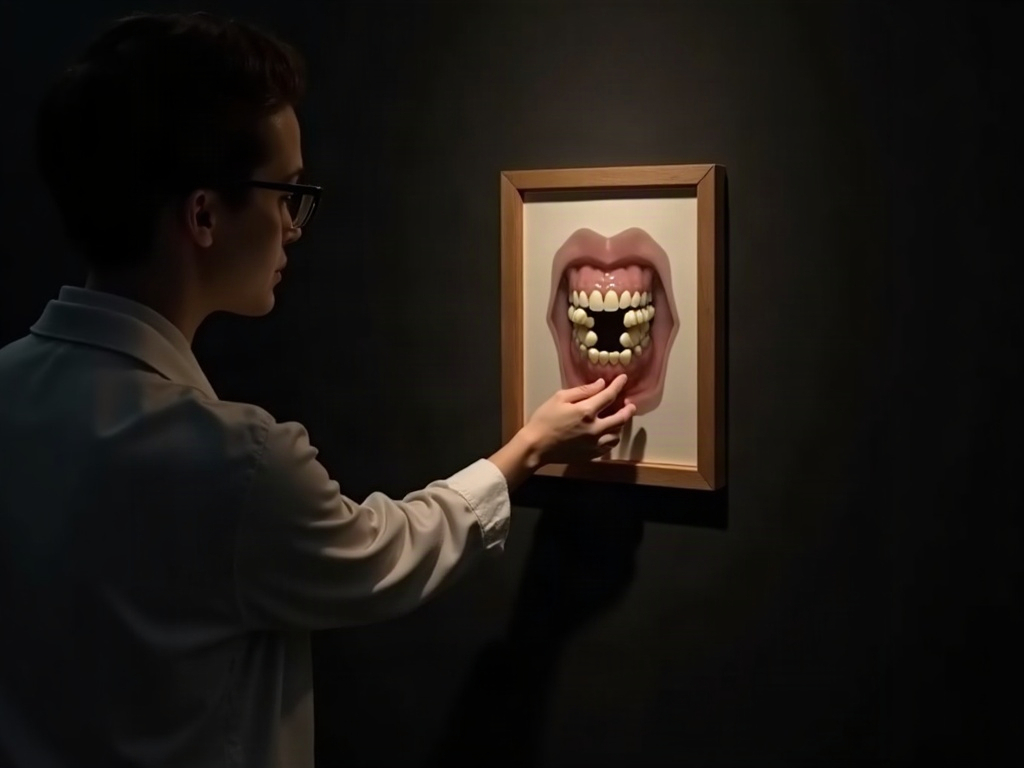A hand turning a luminous dial beside a composite dental portrait that shifts from colored surface to translucent interior