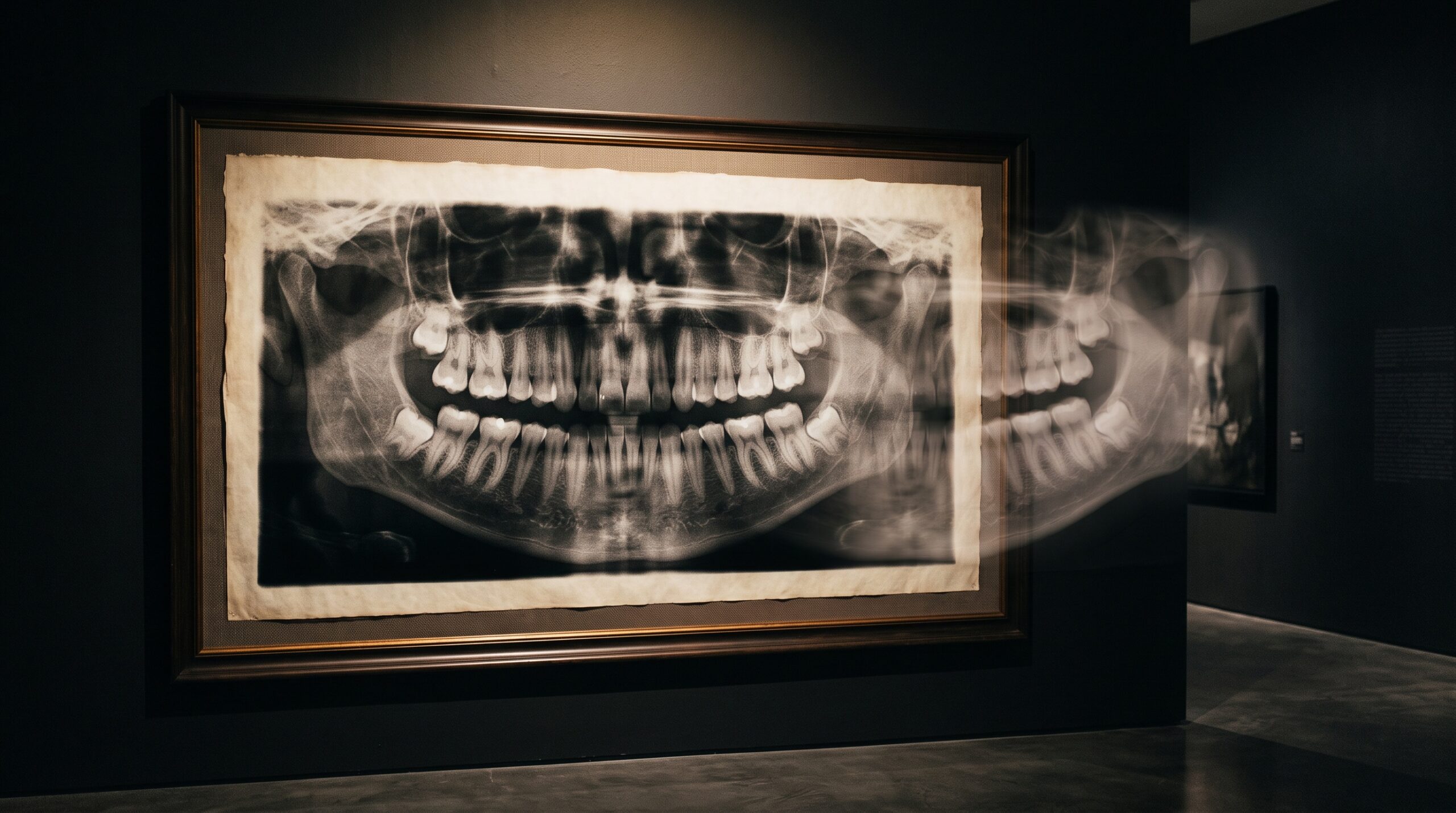 A framed panoramic dental radiograph on a gallery wall with a faint translucent ghost shadow floating over the opposite side of the jaw