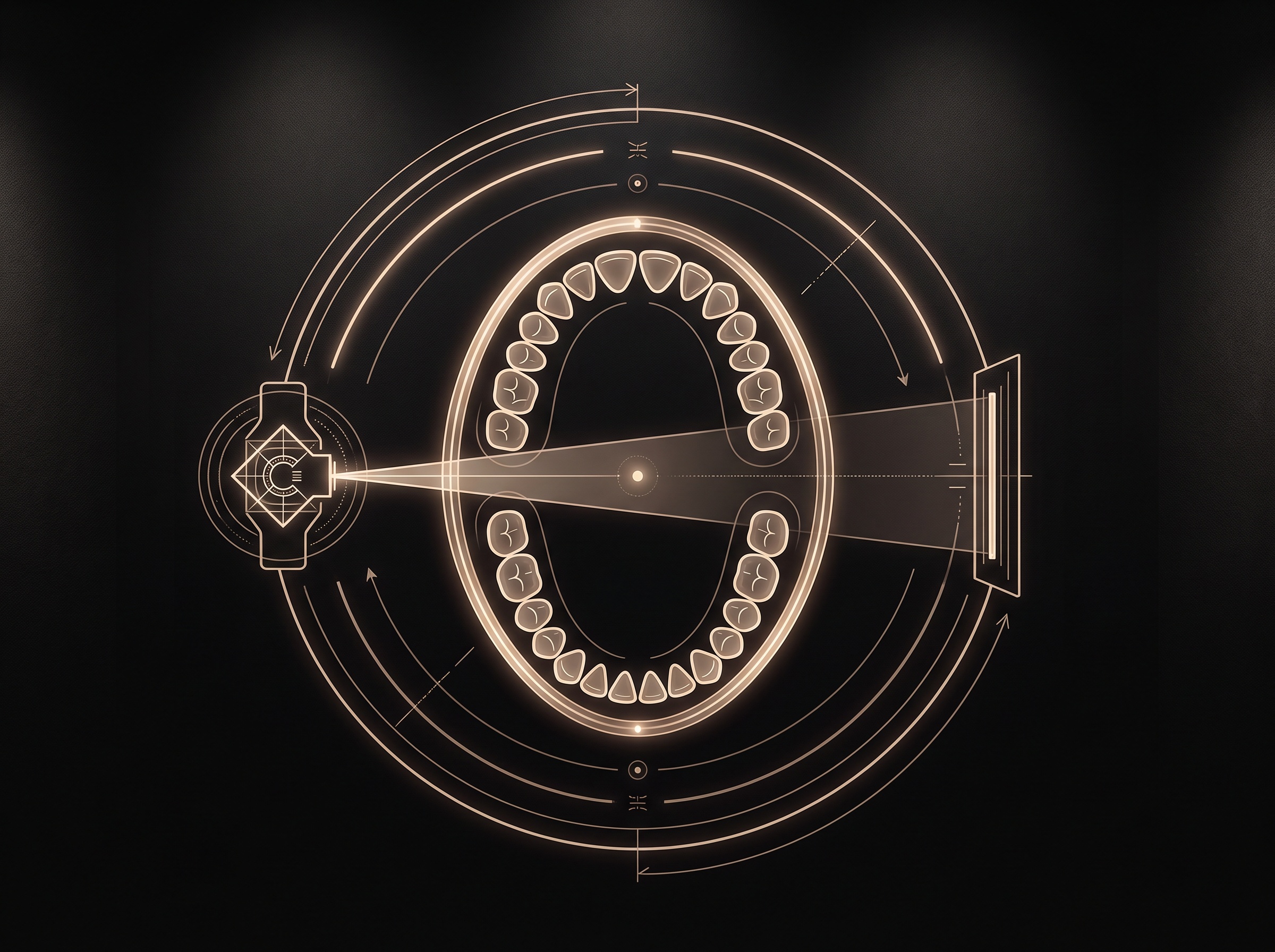 A top-down schematic of a panoramic machine: an X-ray source and a slit detector rotating on arcs around a horseshoe-shaped dental arch with a sharp focal band