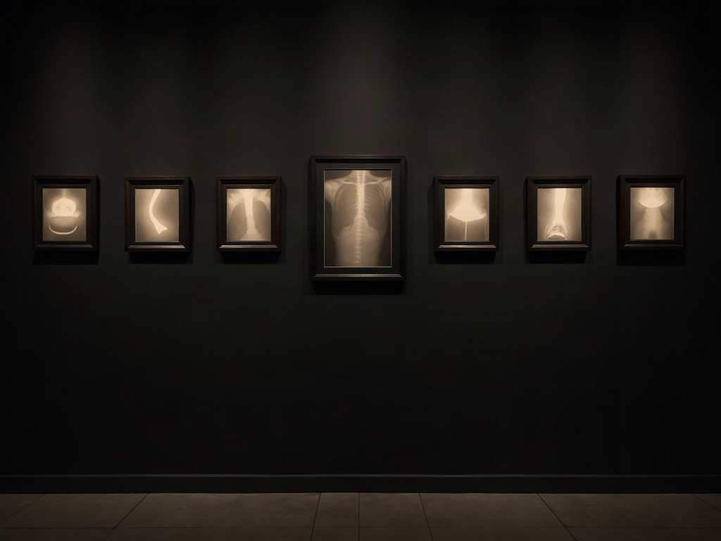 A gallery grid of framed panoramic radiograph details, each haunted by a different faint phantom shadow