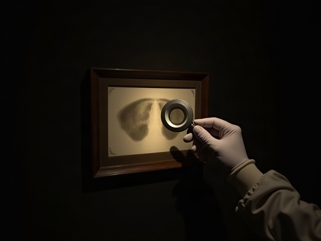 A gloved hand holding a loupe over a framed panoramic radiograph, studying a faint doubled shadow