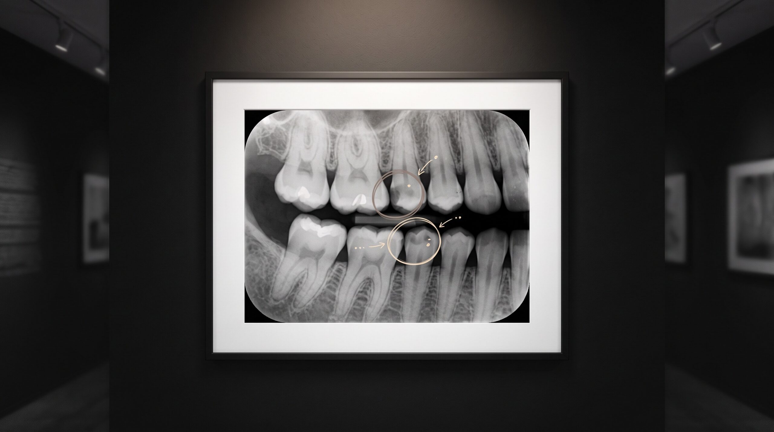 A framed dental bitewing radiograph on a gallery wall with faint glowing rings marking two suspected findings between the teeth