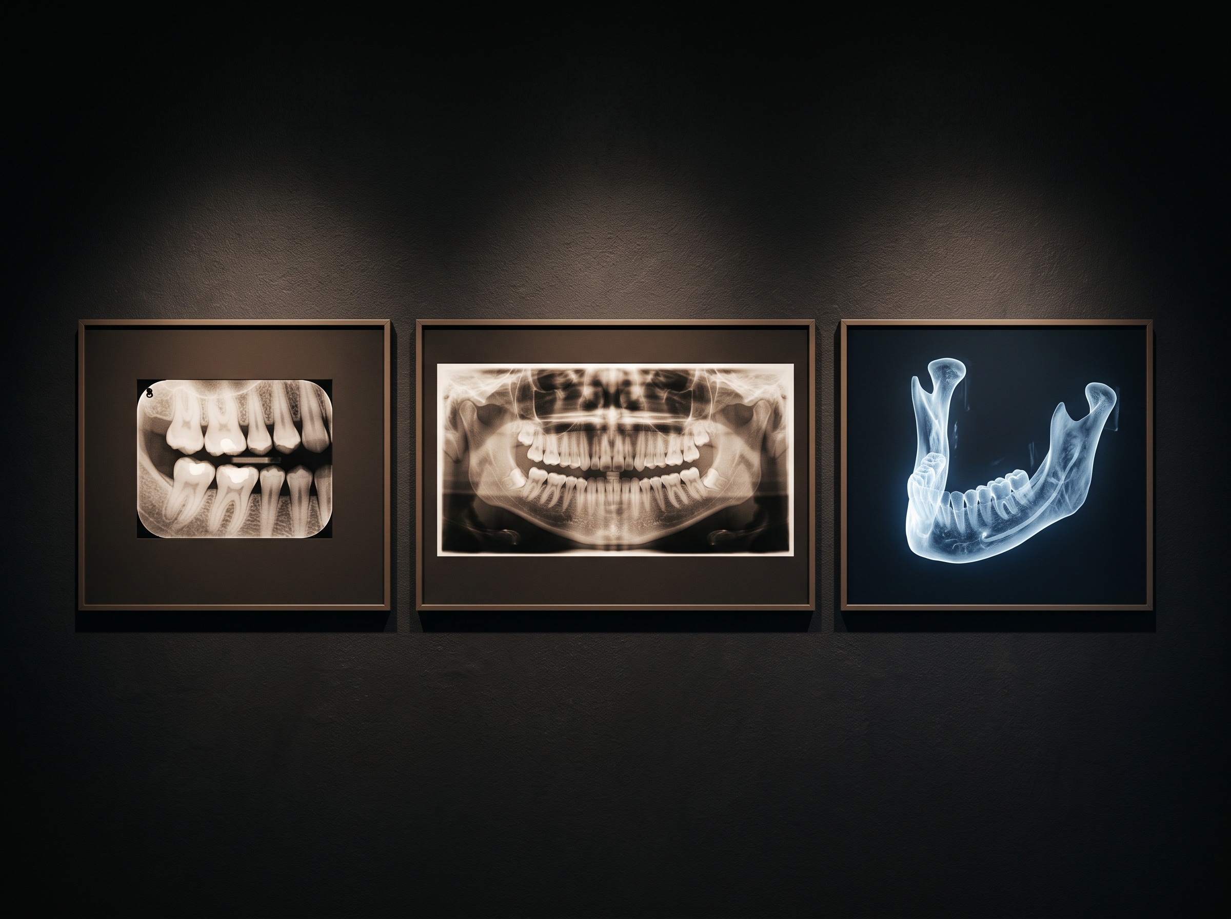 A triptych of a bitewing, a panoramic, and a glowing 3D CBCT volume framed side by side on a gallery wall