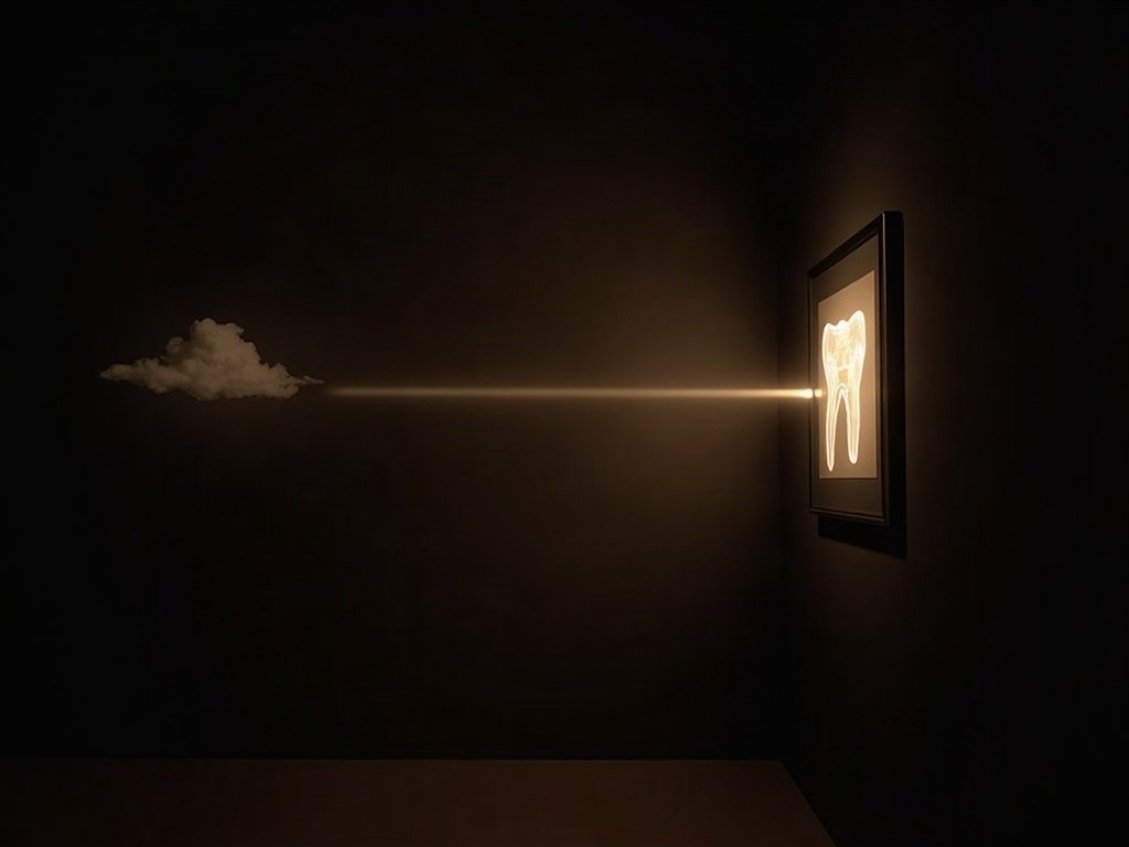 A radiograph depicted as light leaving a frame along a thread to a distant cloud and returning with annotation marks