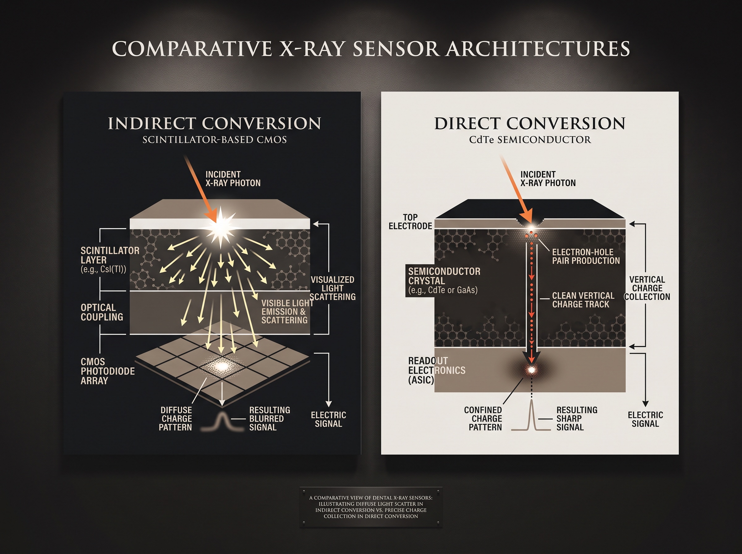 Diptych comparing indirect scintillator conversion with direct semiconductor conversion in X-ray sensors
