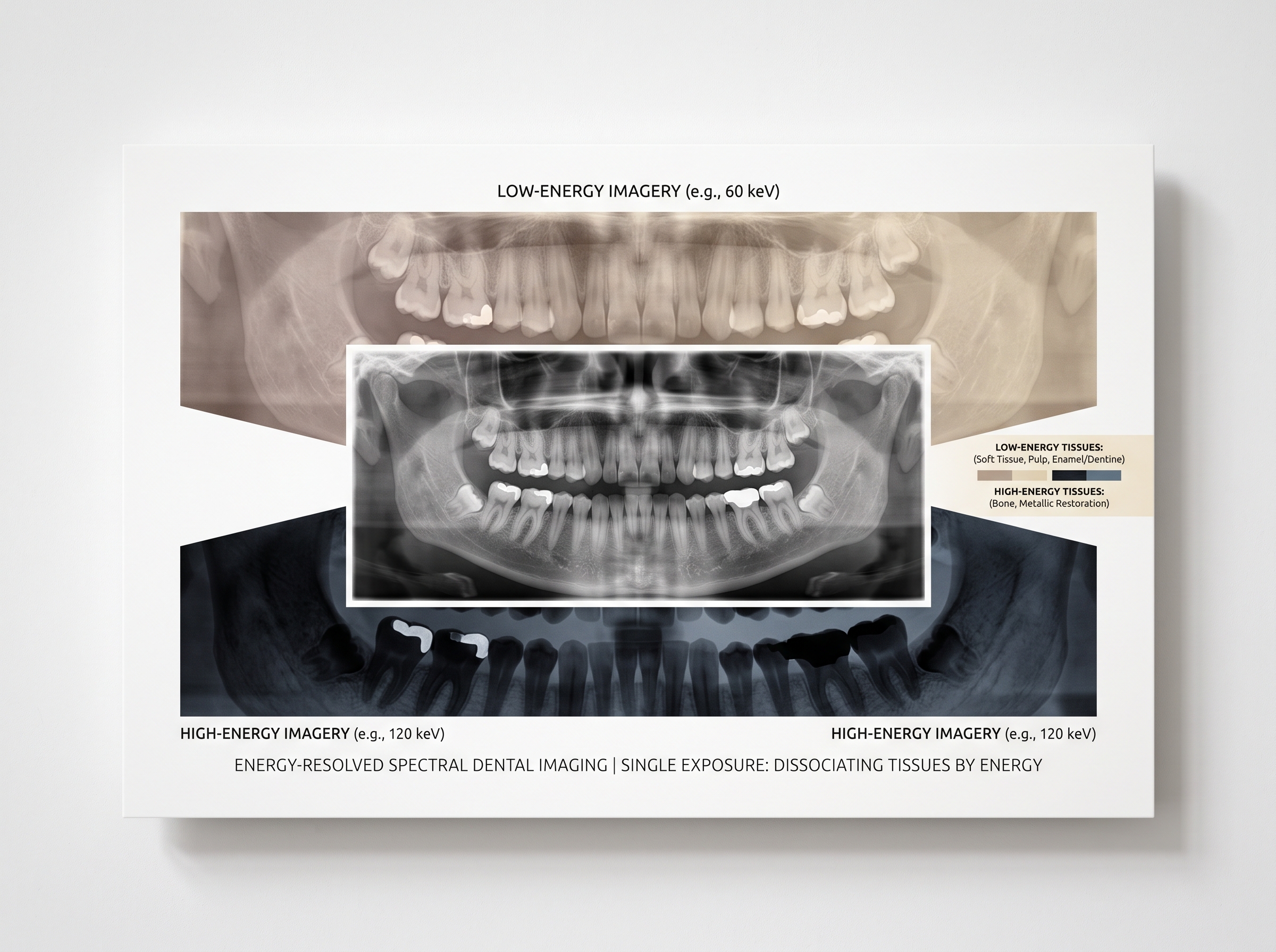 A panoramic dental X-ray split into low- and high-energy spectral images from a single exposure