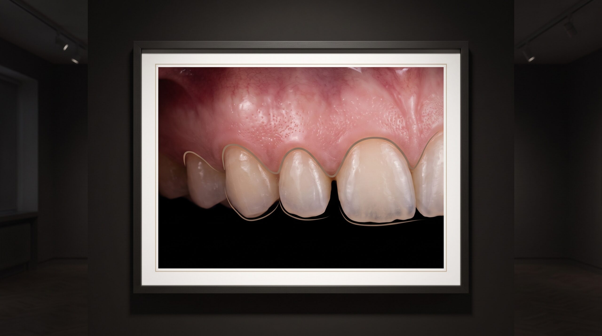 A framed extreme close-up of pink gingival tissue around a single restored tooth, lit like a museum artwork with a thread of light tracing its contour