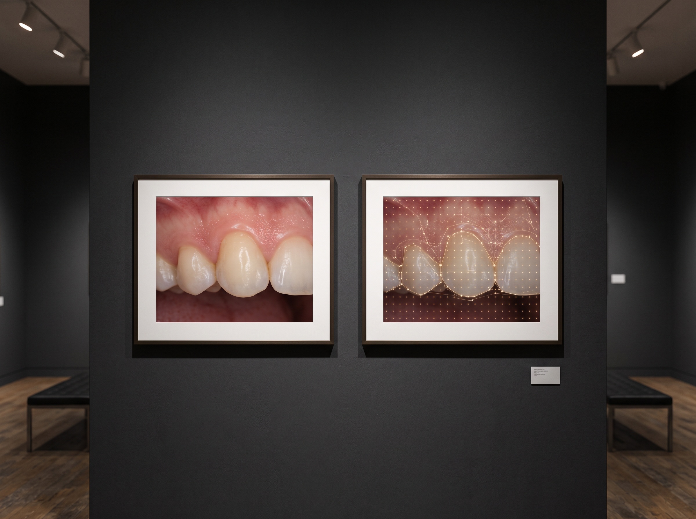 Two framed versions of the same gingival photograph side by side, the right one overlaid with a glowing grid of analysis points