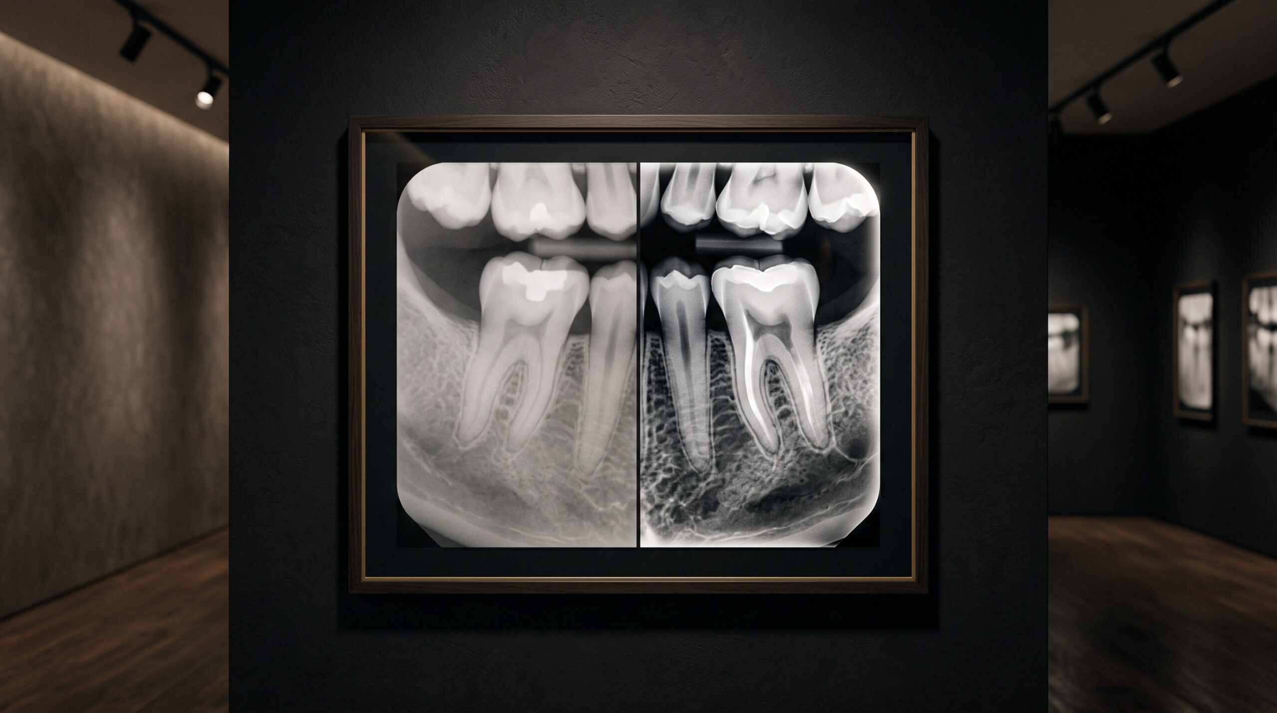 A framed dental radiograph split into a soft honest half and a hyper-processed half with bright edge halos, under gallery lighting