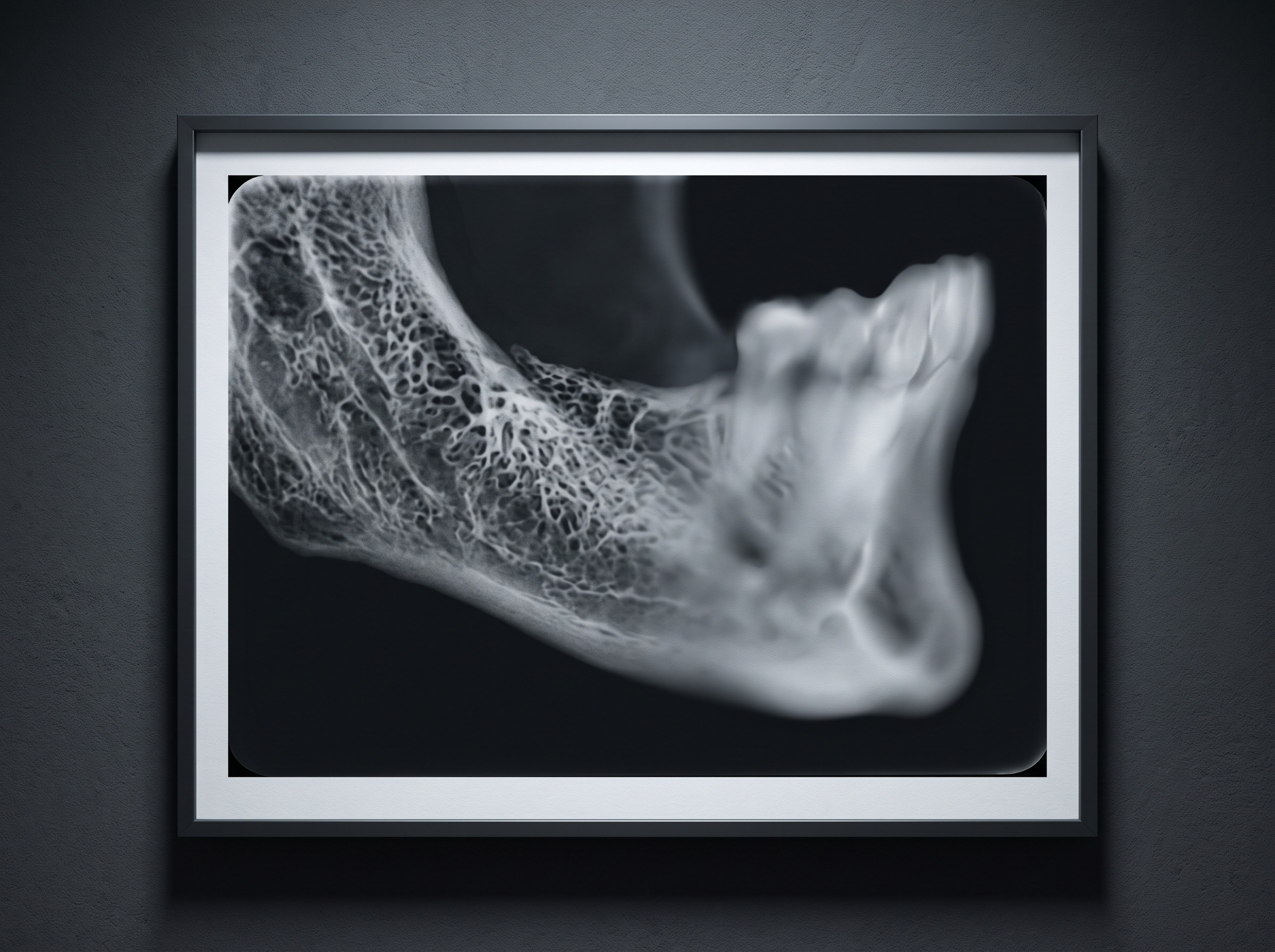 Fine lace-like trabecular bone pattern dissolving into a smooth waxy plastic surface as noise reduction increases