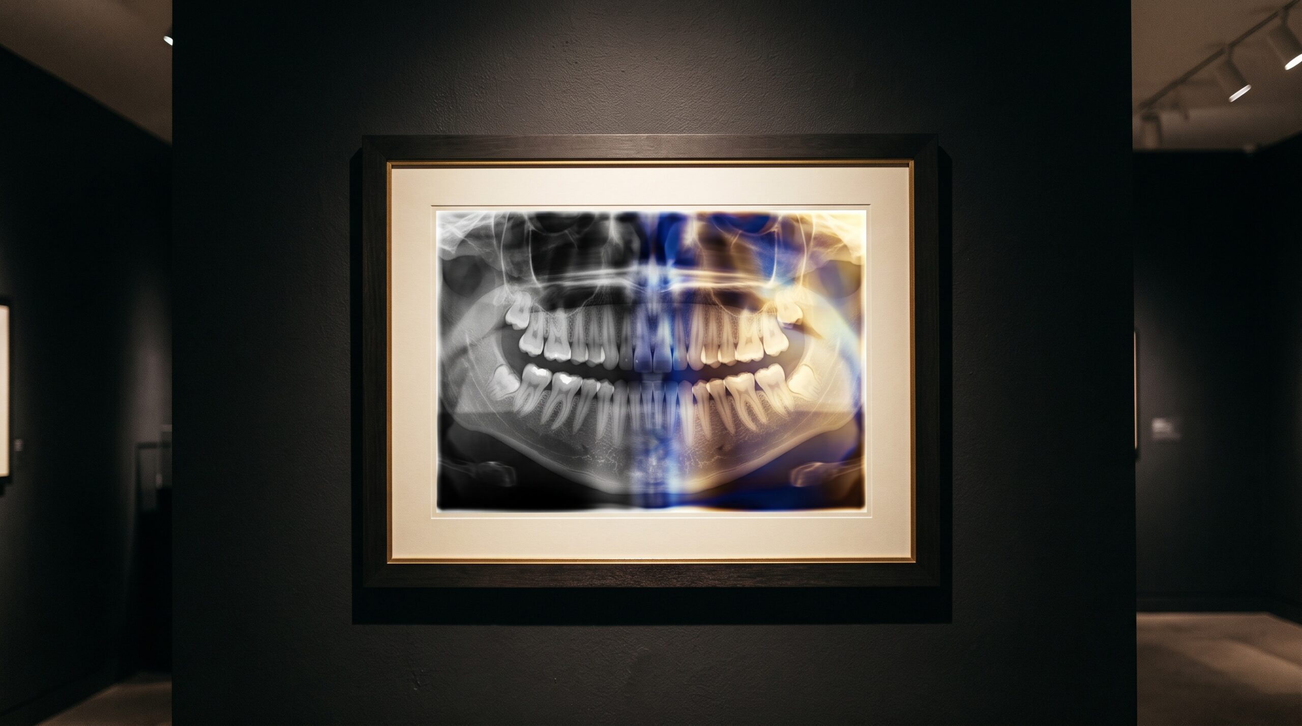 A framed dental radiograph split down the middle, neutral grayscale on the left dissolving into a smooth luminous color gradient on the right