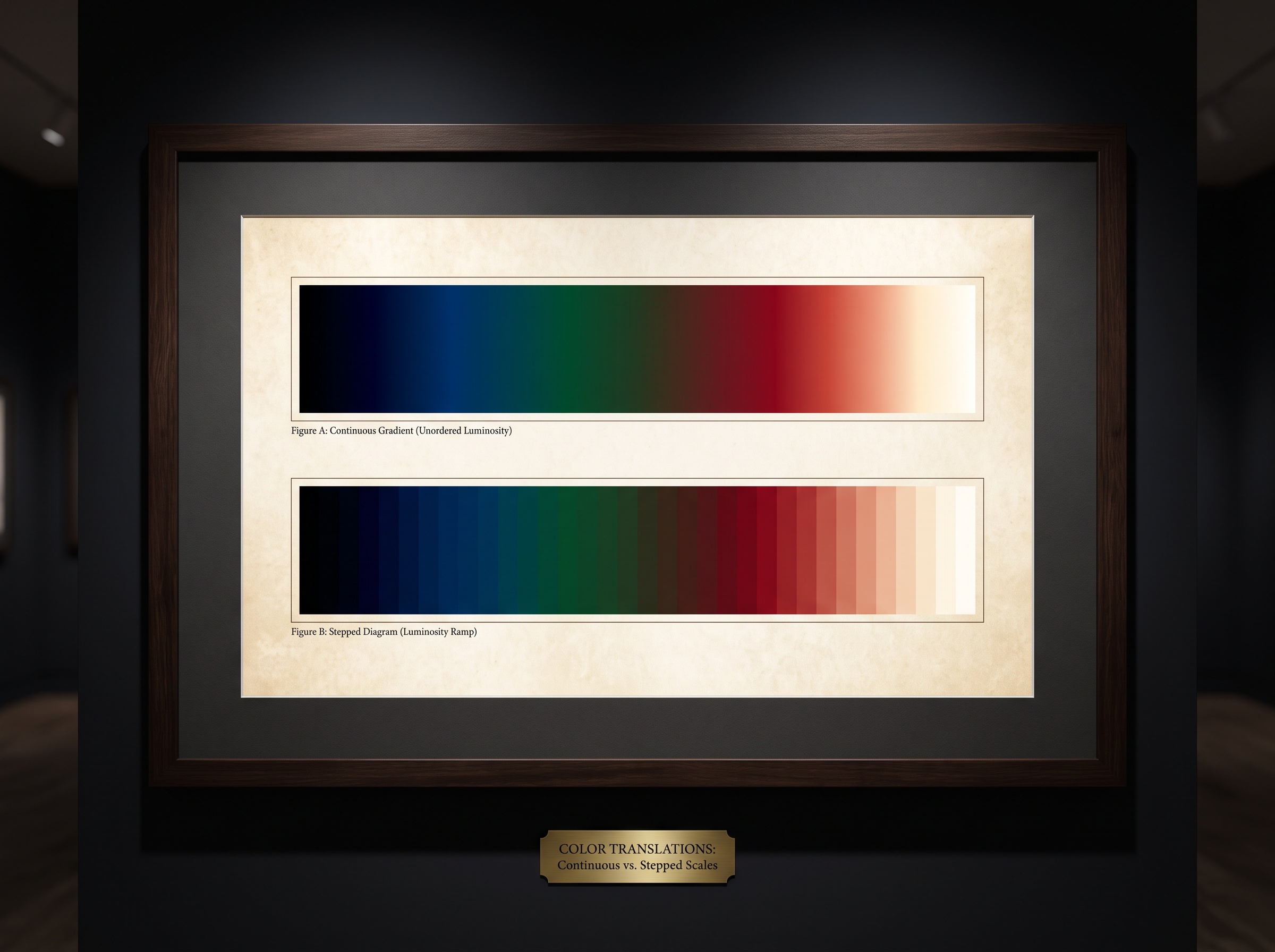 Two framed color scale bars side by side, one a jarring rainbow gradient, the other a smooth evenly brightening gradient