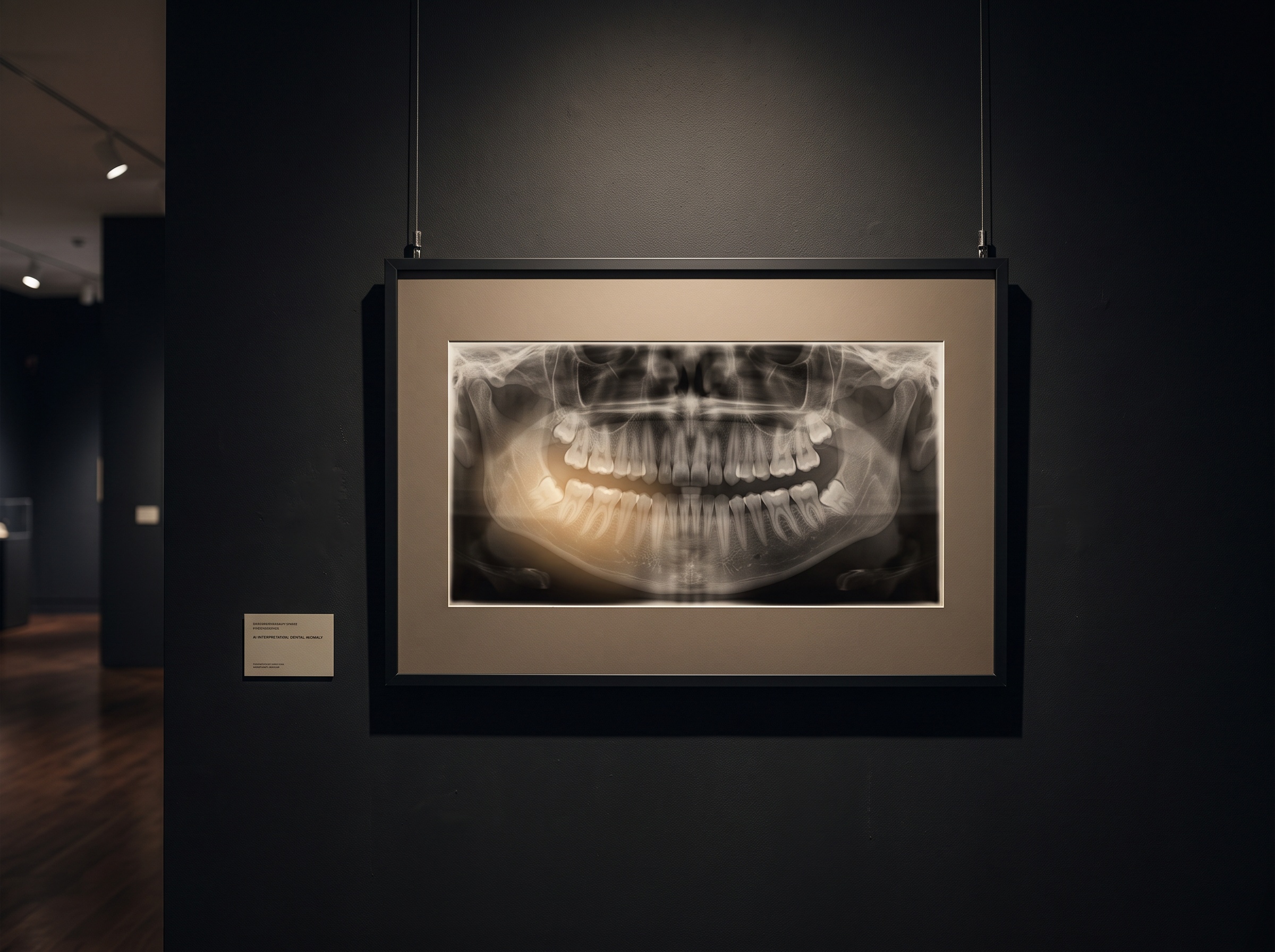 A framed dental radiograph with a soft translucent colored glow pooled over one region, representing an AI attention heatmap
