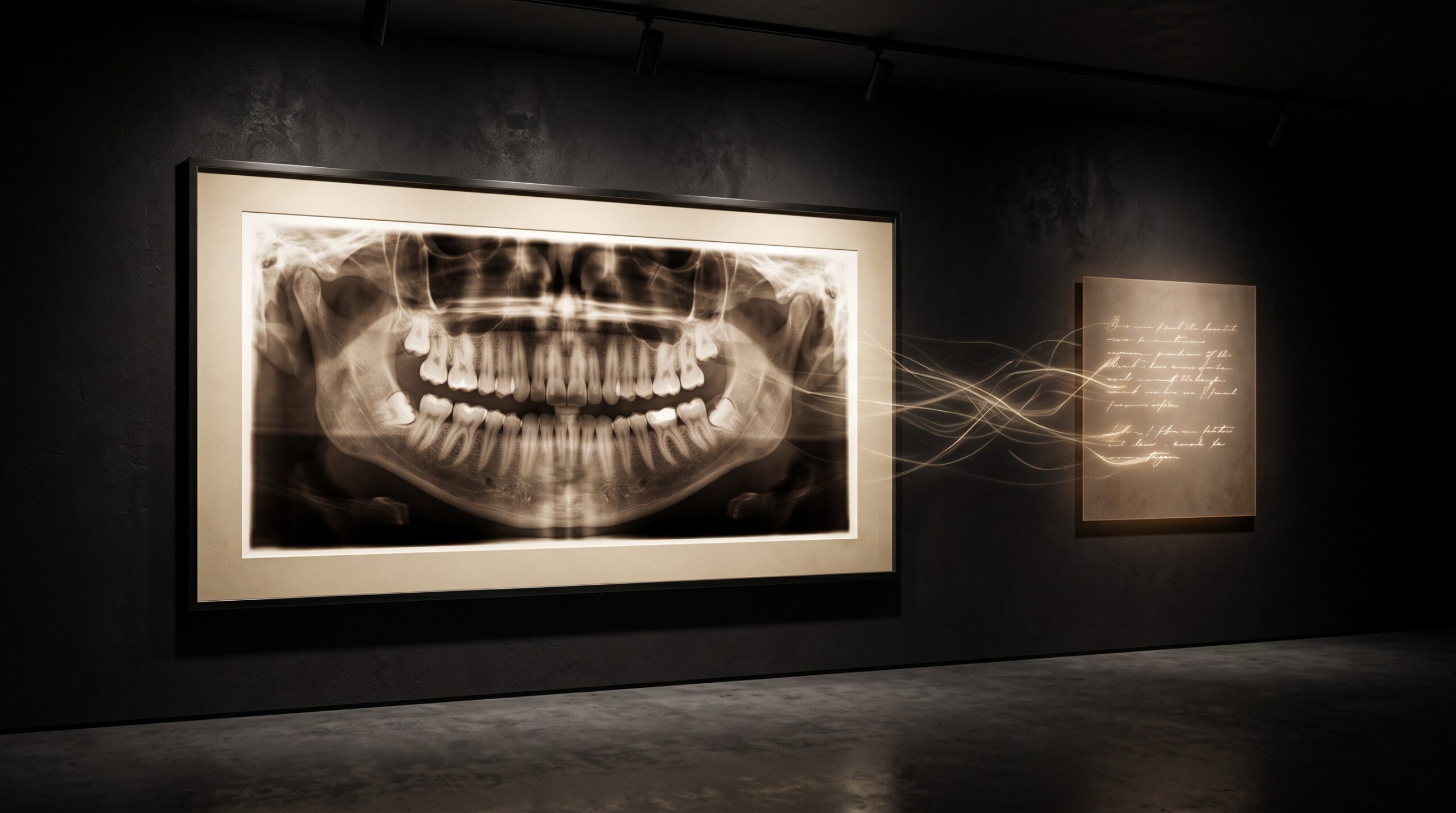 A framed panoramic dental radiograph on a gallery wall beside a softly glowing museum placard, with faint threads of light connecting picture to words