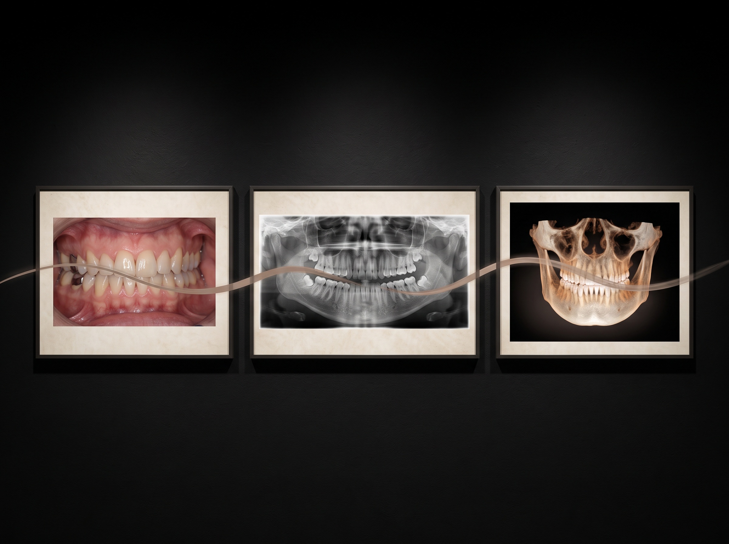 A triptych of an intraoral photo, a panoramic radiograph, and a glowing 3D CBCT volume joined by a single ribbon of light