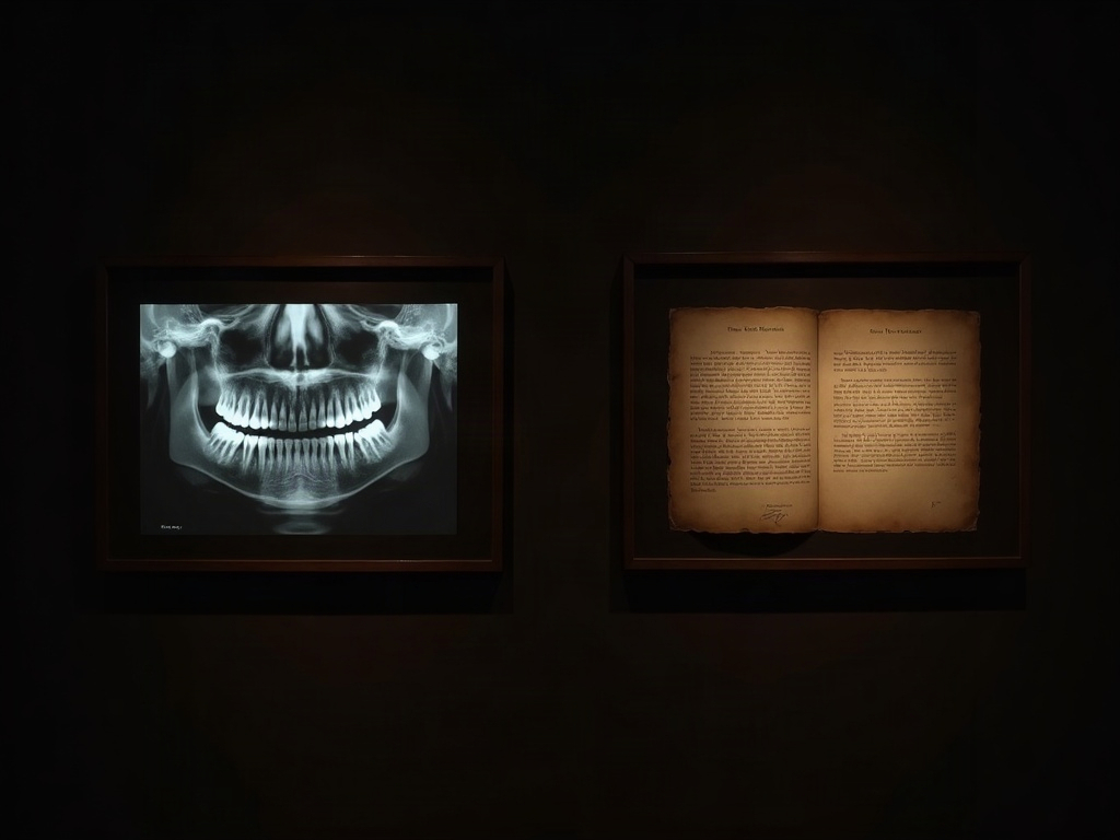 Two framed versions of one radiograph: one marked with silent rings, the other paired with a flowing ribbon of light suggesting prose
