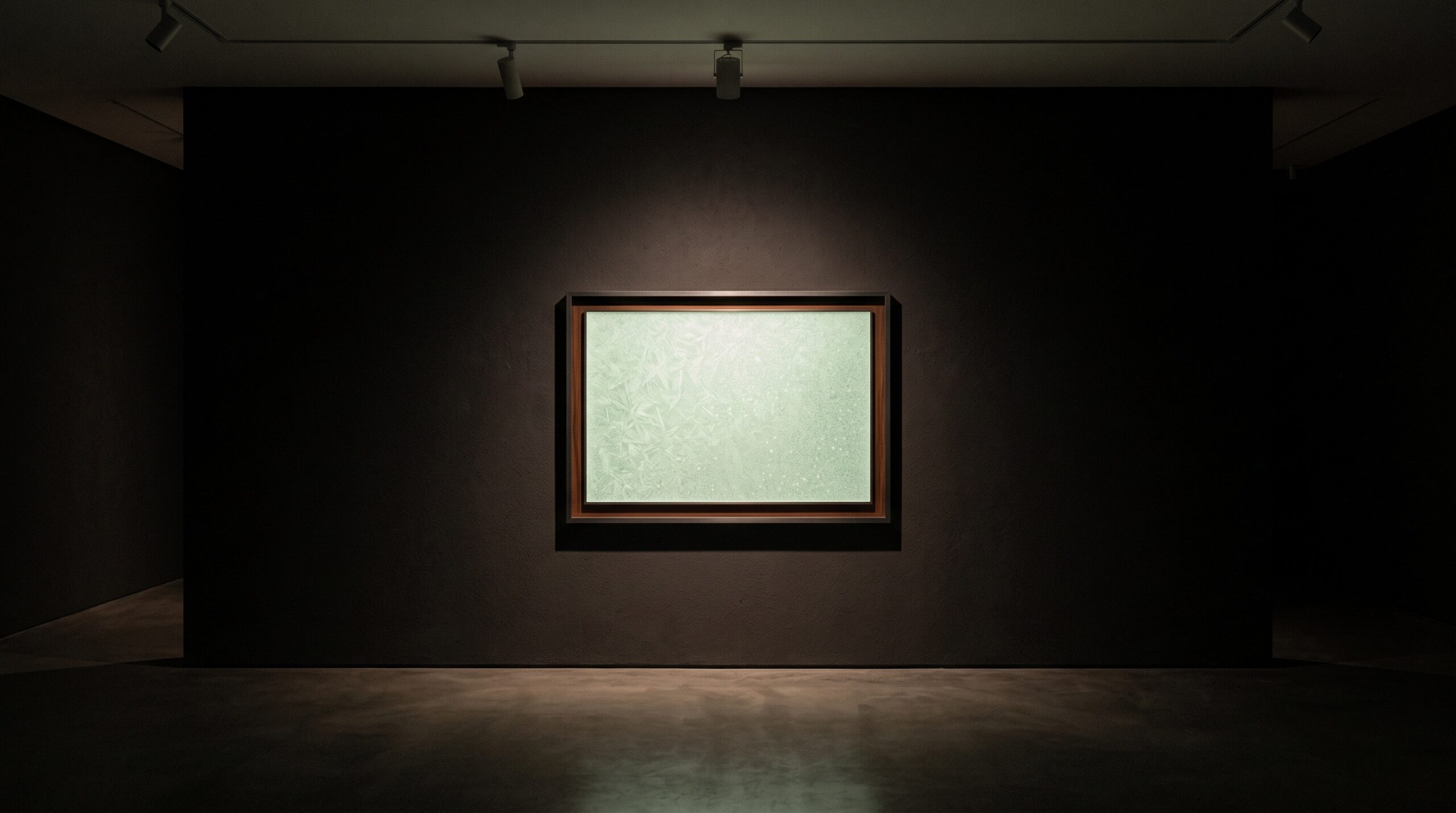 A thin scintillator screen framed as gallery art, faintly glowing with soft internal light