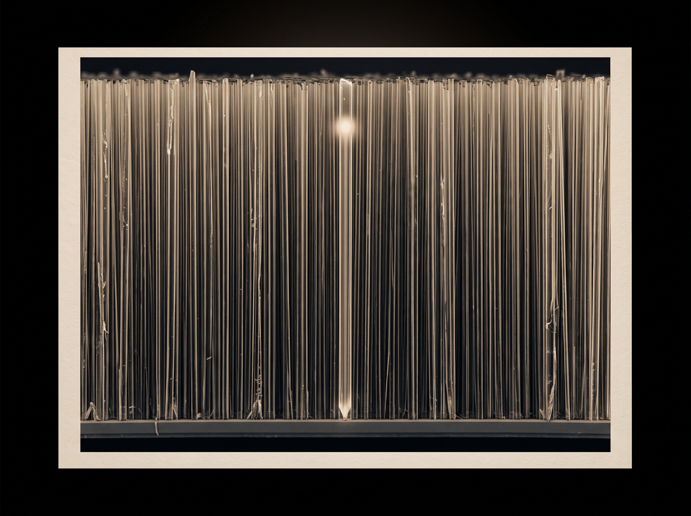 Stylized cross-section of columnar cesium iodide needles guiding a point of light straight down toward a photodiode layer
