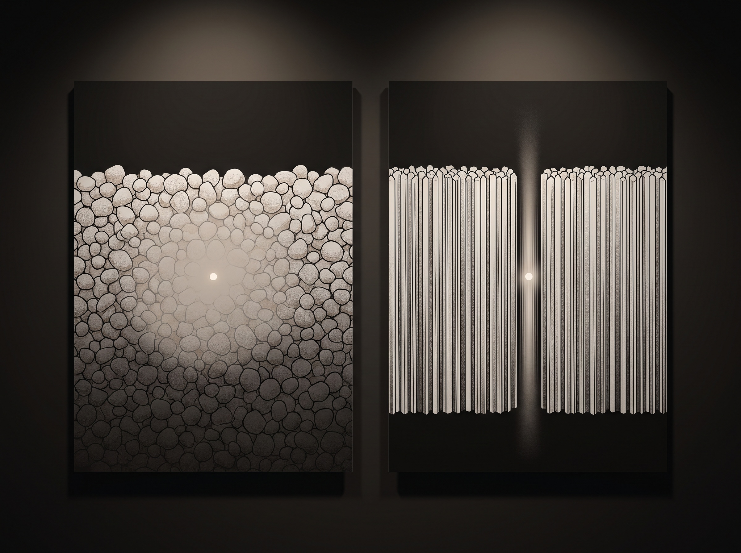 Left: light spreading in a wide halo through granular grains. Right: light channelled tightly down columnar needles.