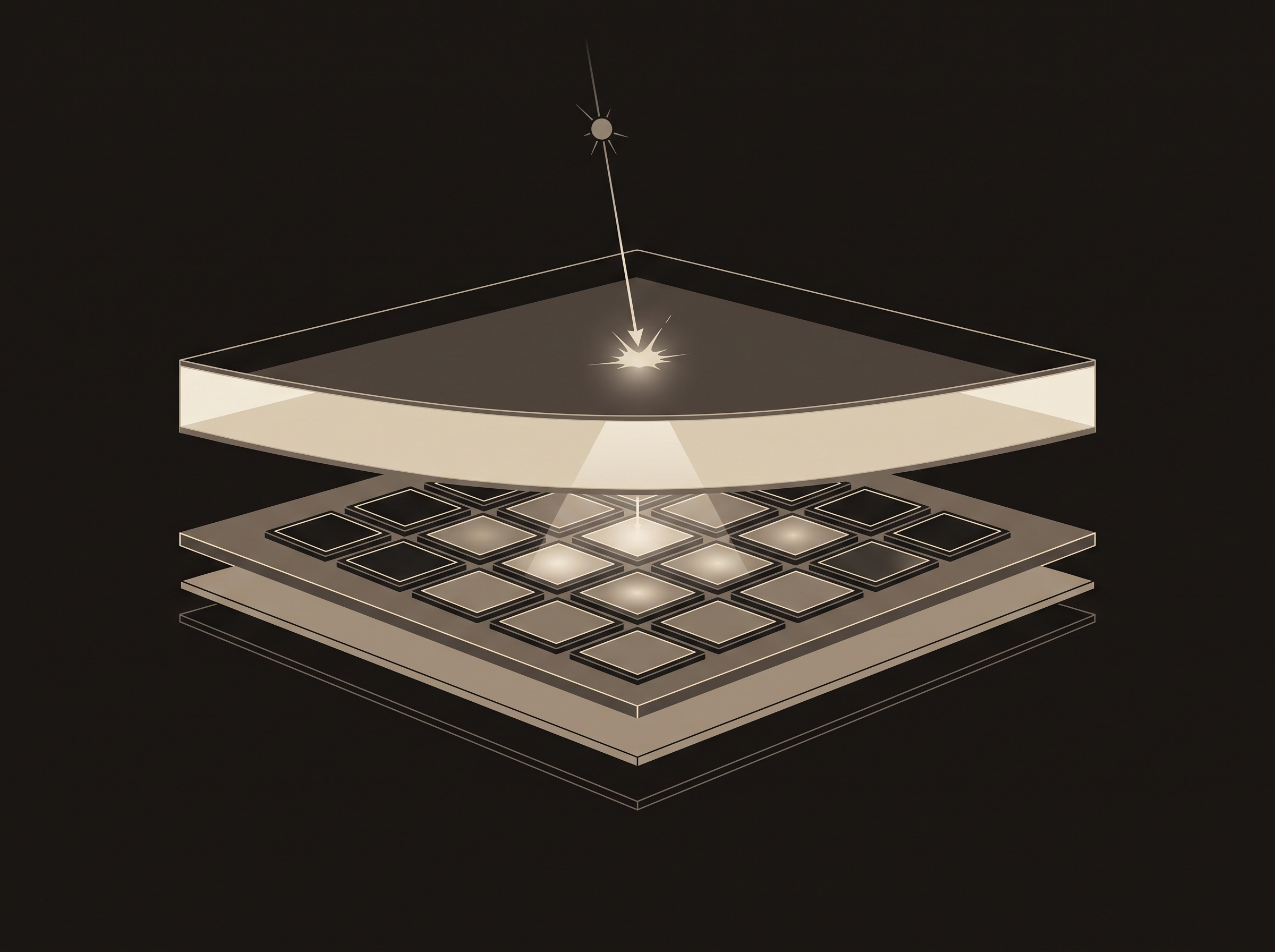 Layered detector schematic: X-ray converts to light in the scintillator, then falls onto a grid of photodiode cells below