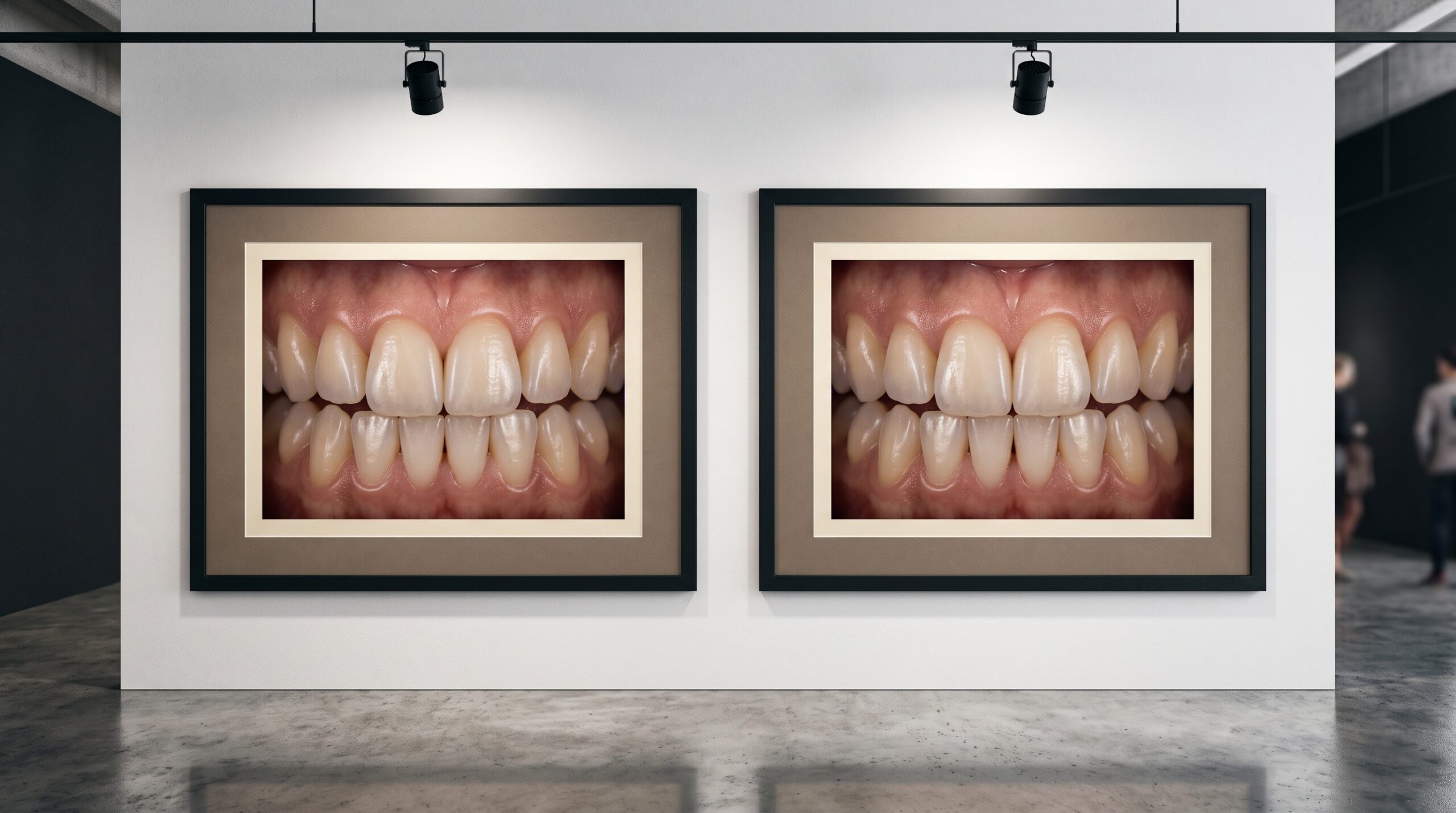 Two framed macro photographs of the same anterior smile displayed side by side on a gallery wall